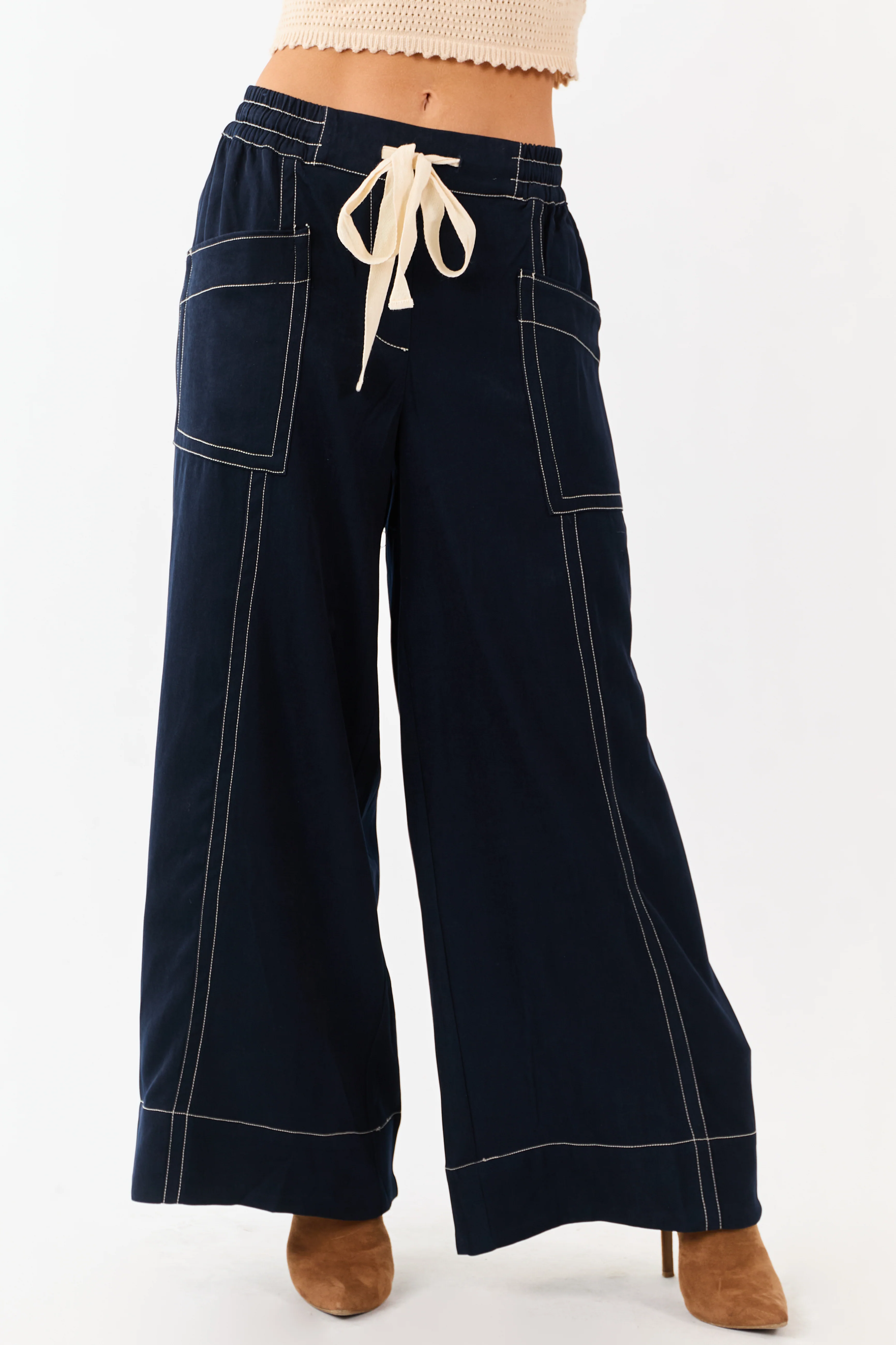 Faded Navy Contrast Stitch Drawstring Wide Leg Pants - Image 2