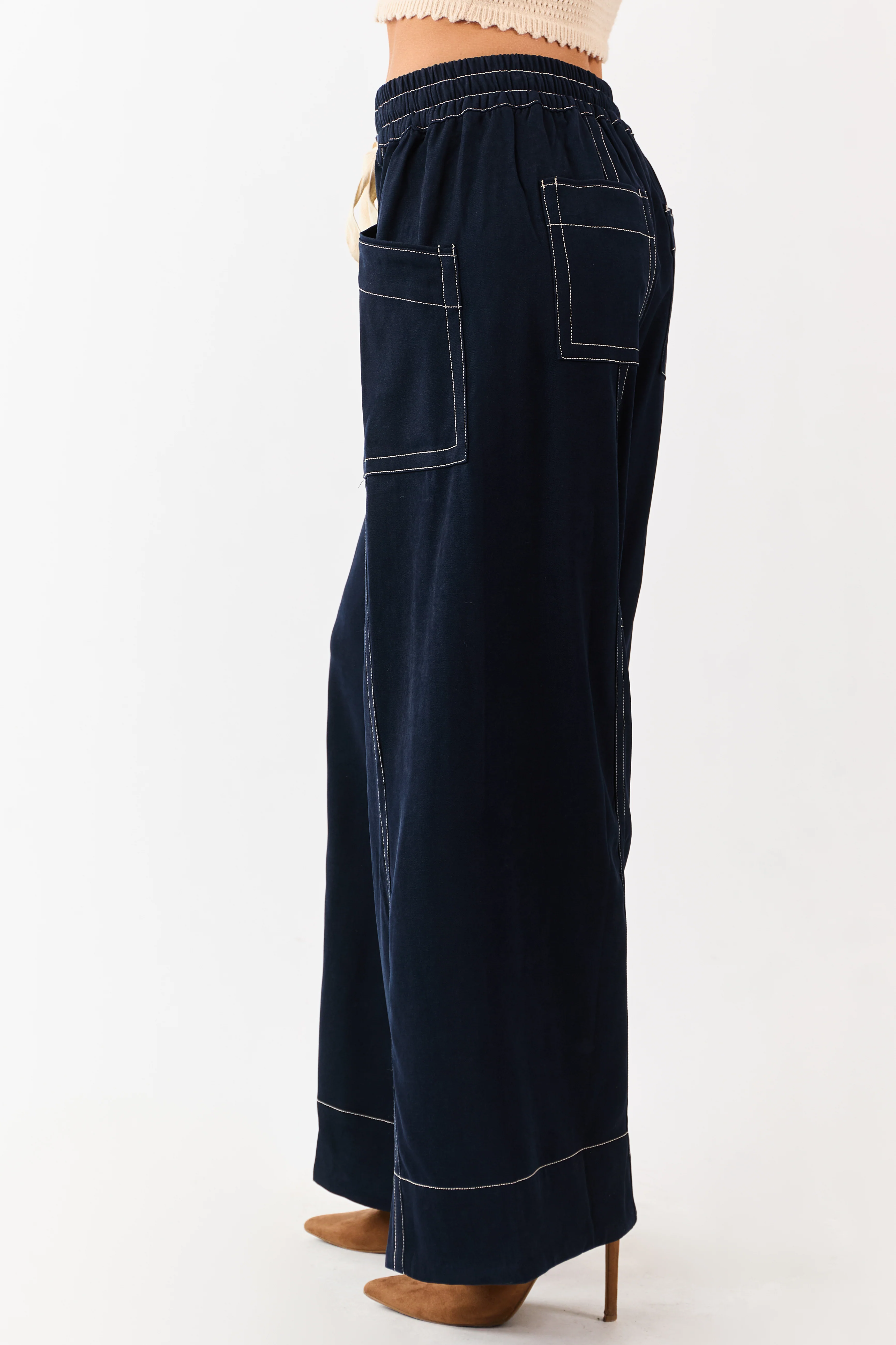 Faded Navy Contrast Stitch Drawstring Wide Leg Pants - Image 3