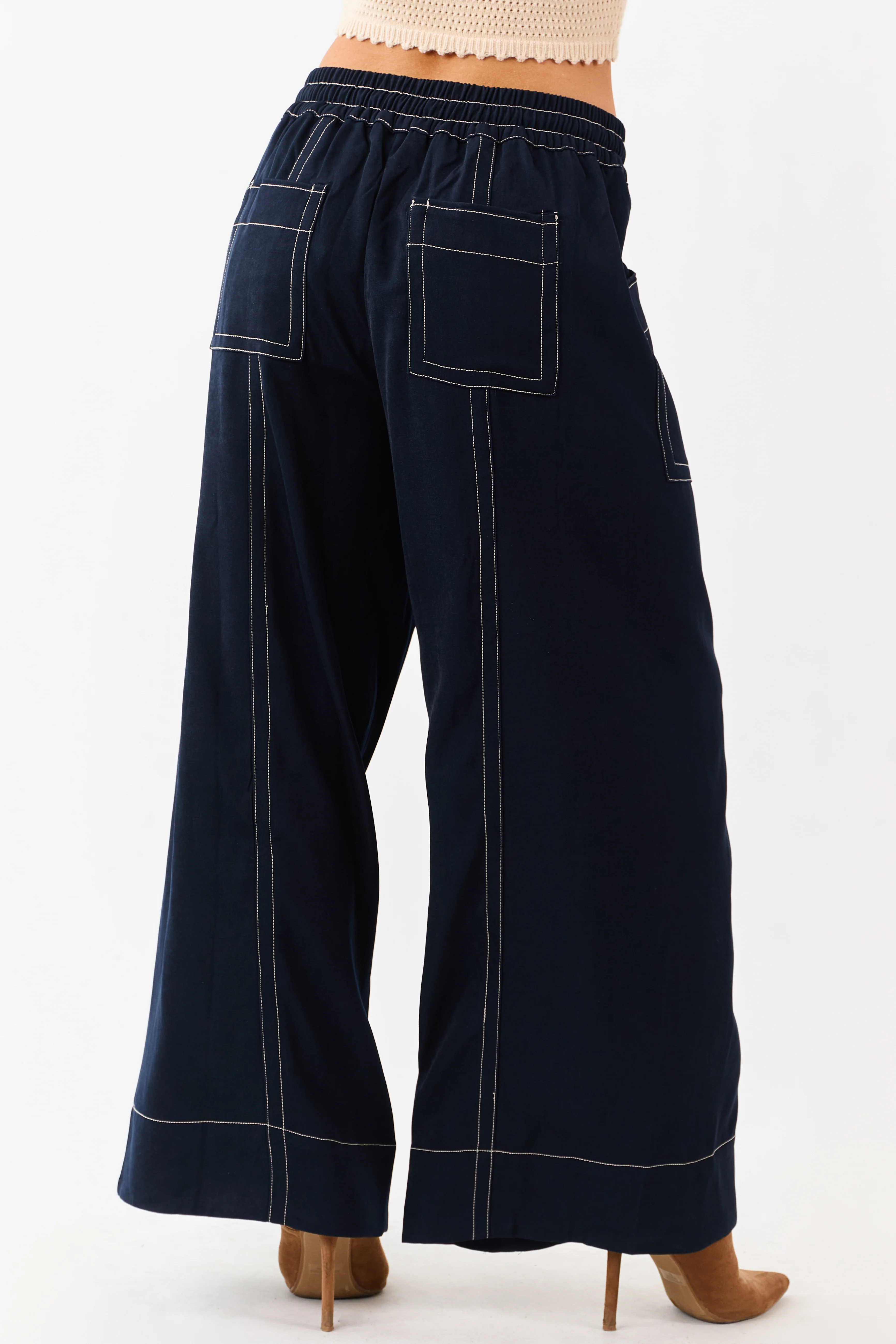 Faded Navy Contrast Stitch Drawstring Wide Leg Pants - Image 4