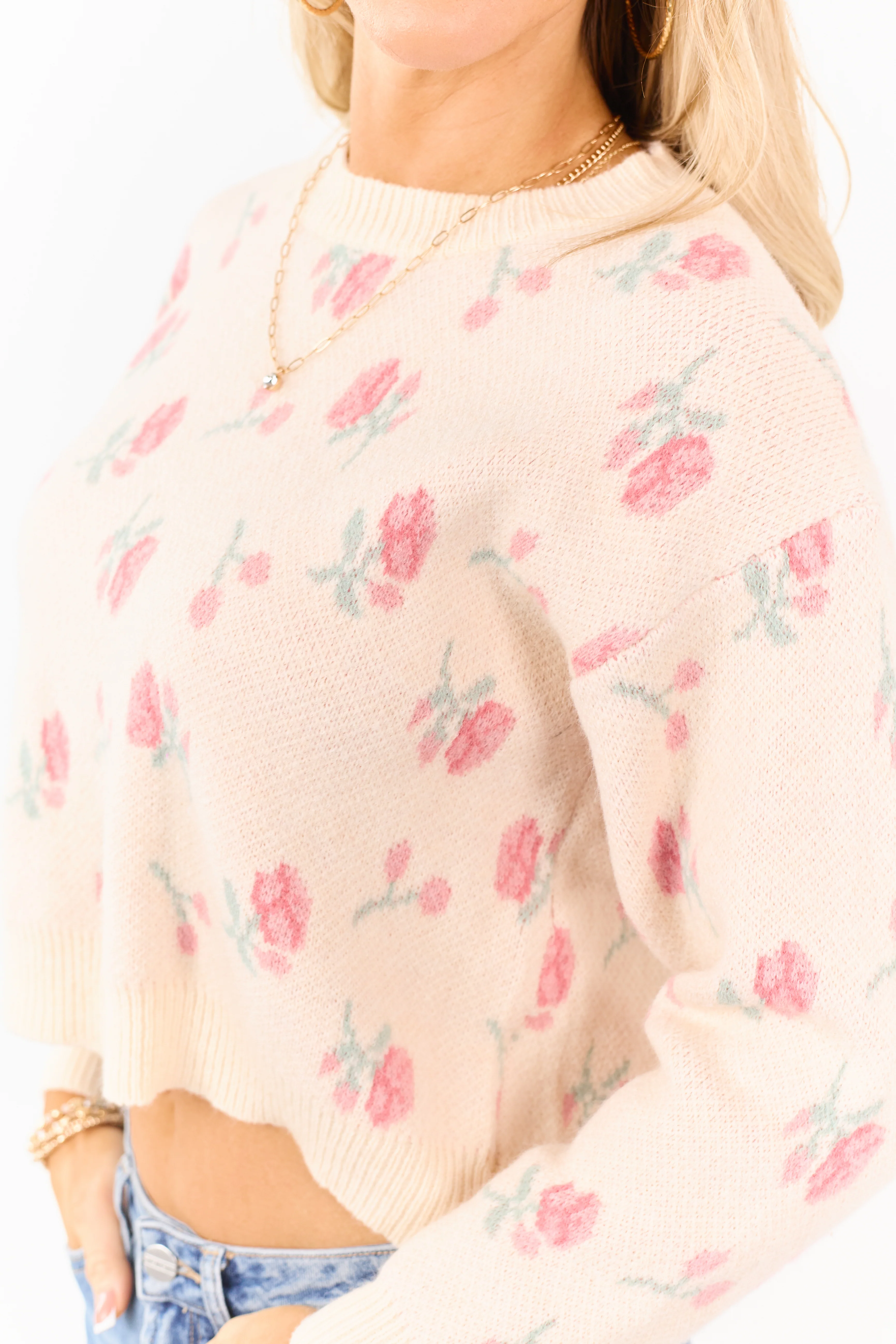 Faded Peach Floral Pattern Crew Neck Sweater - Image 6