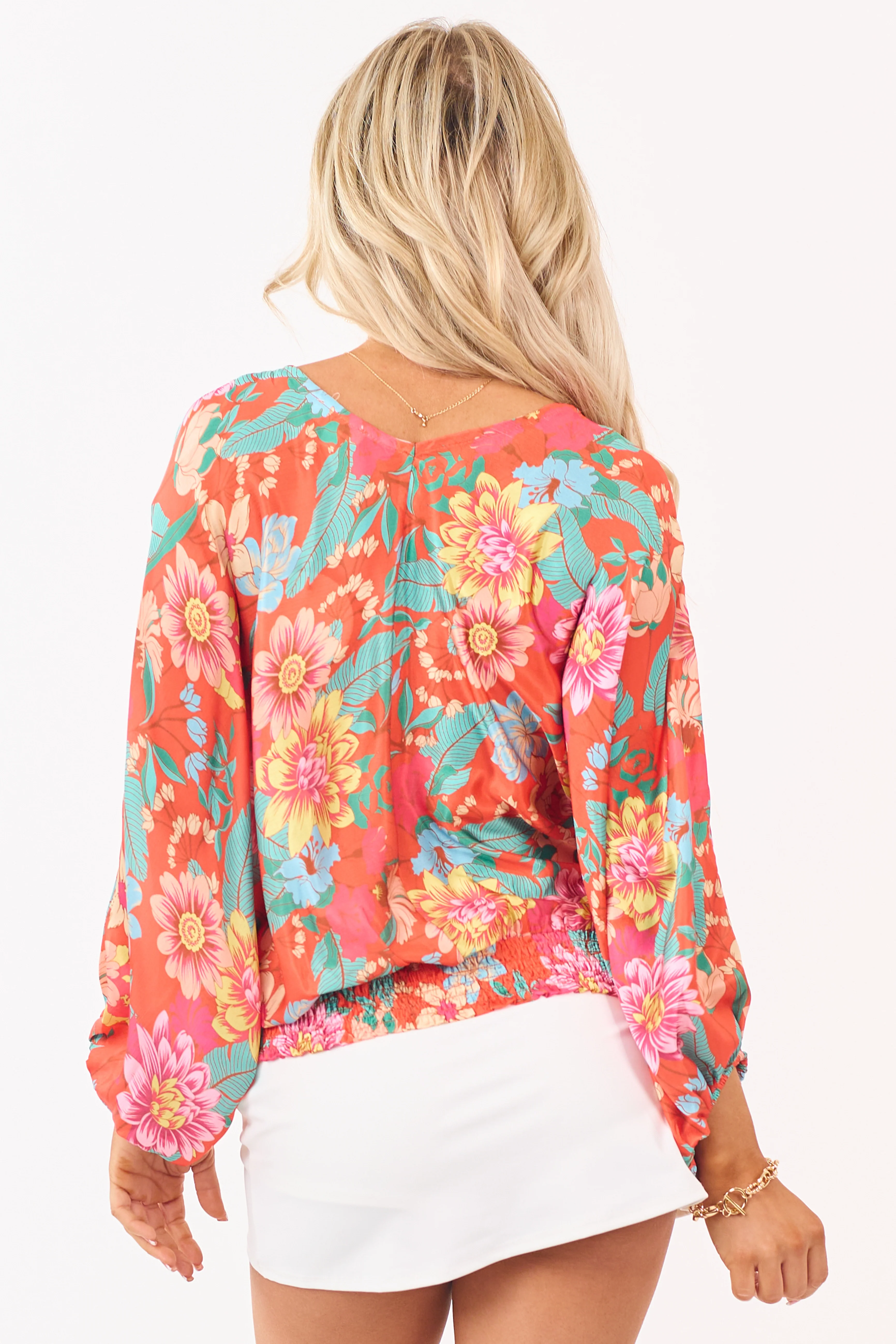 Fire Satin Floral Print V-Neck Dolman Sleeve Top - Image 5