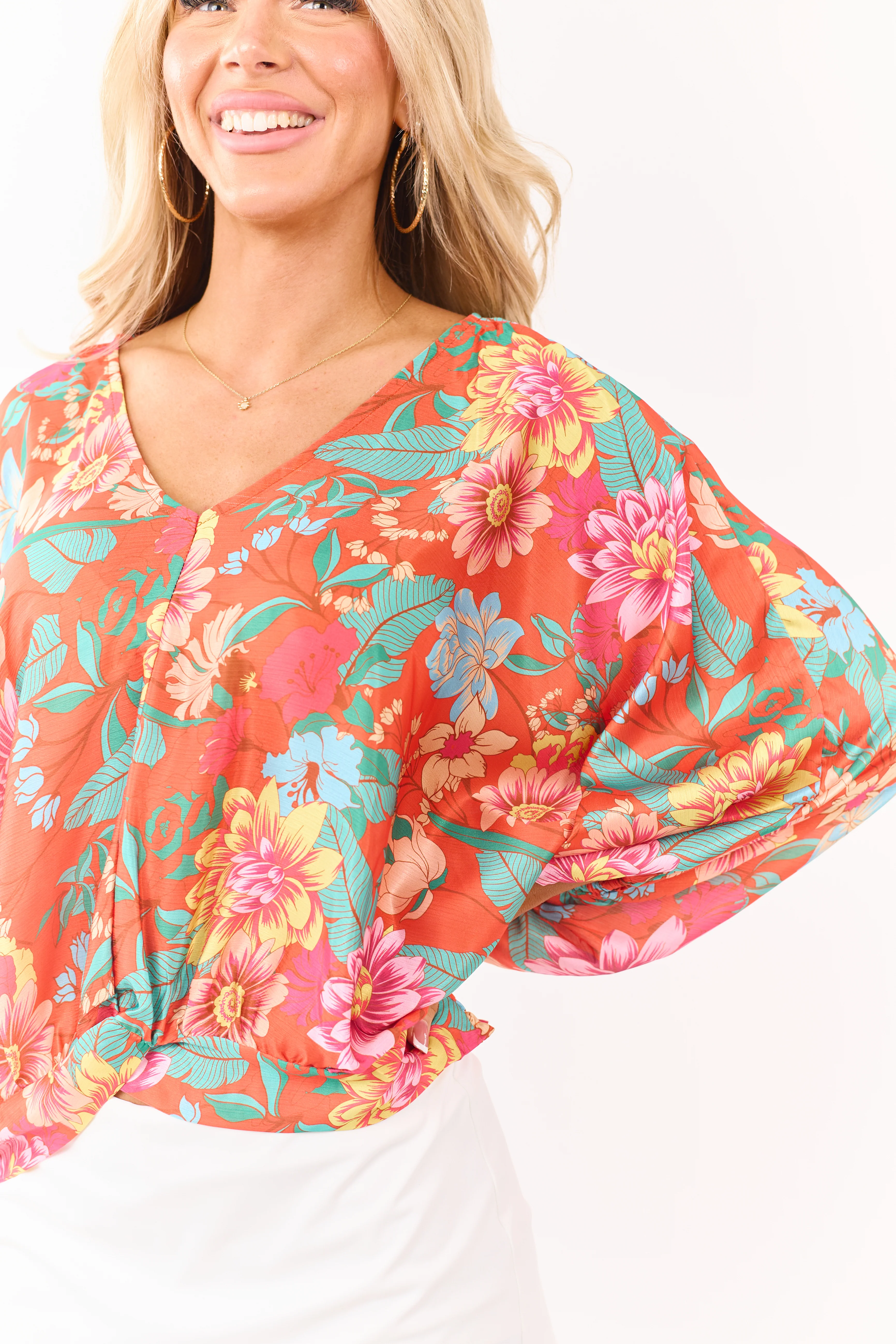 Fire Satin Floral Print V-Neck Dolman Sleeve Top - Image 6