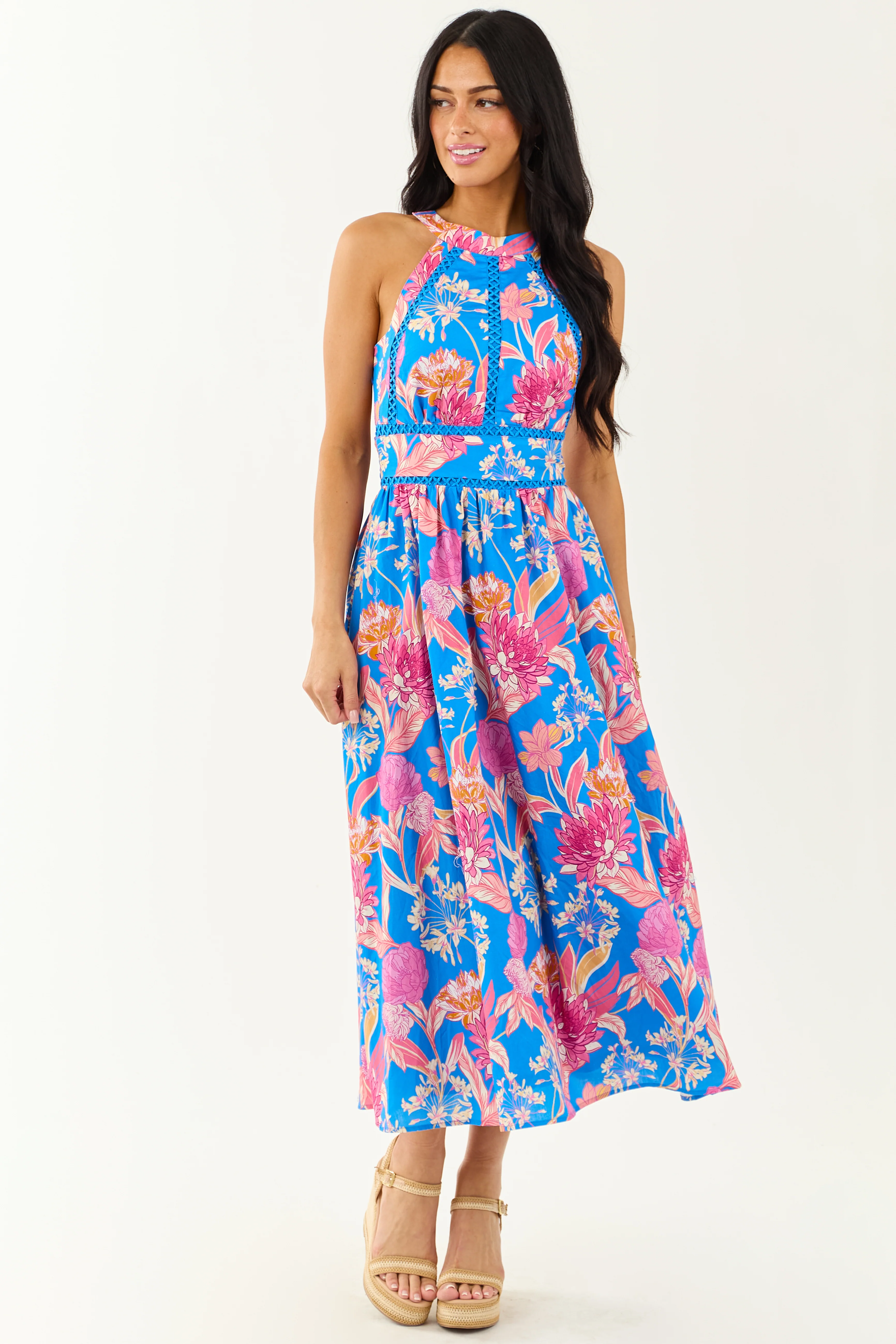 Flying Tomato Azure Floral Cotton Halter Midi Dress - Image 3