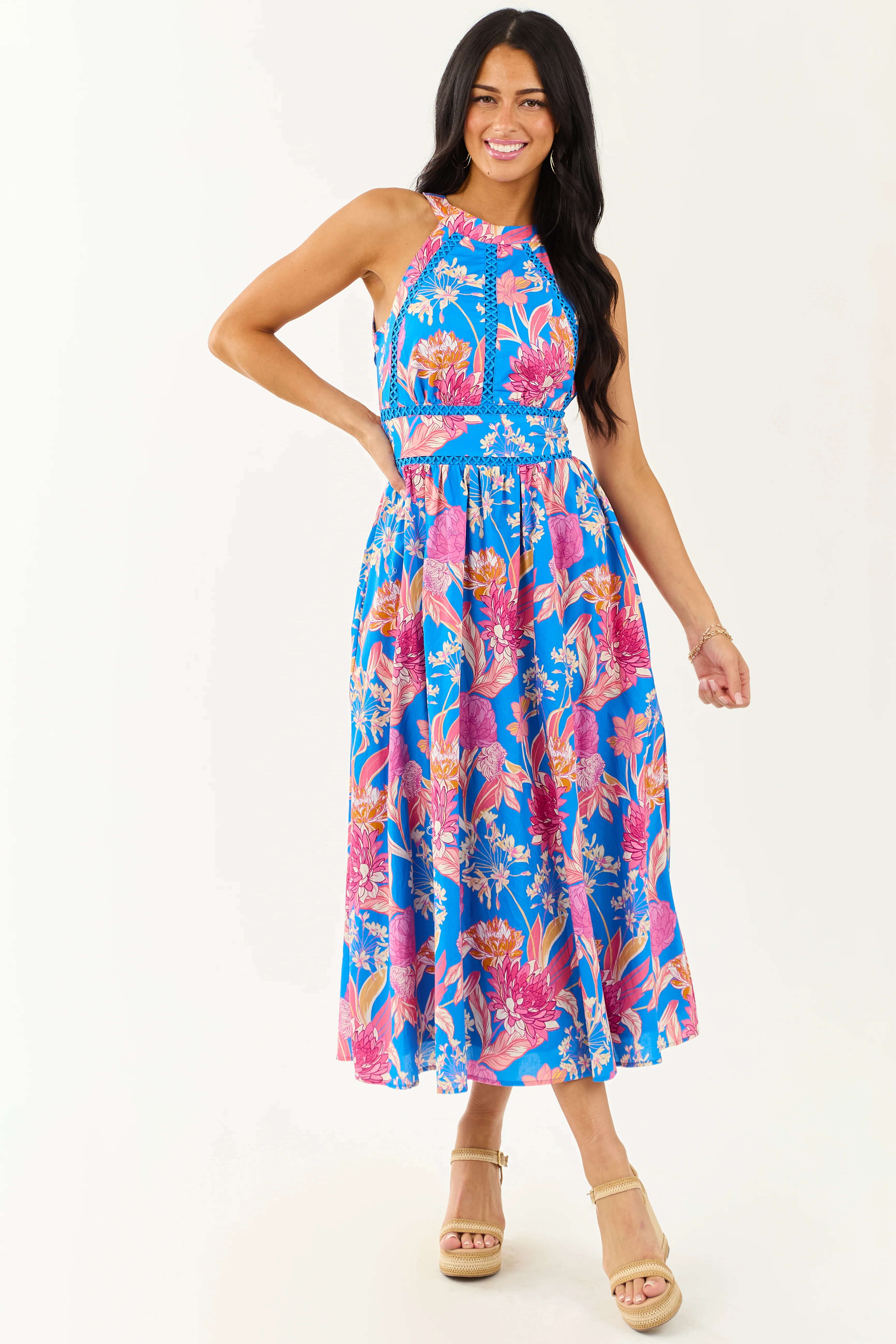 Flying Tomato Azure Floral Cotton Halter Midi Dress - Image 4
