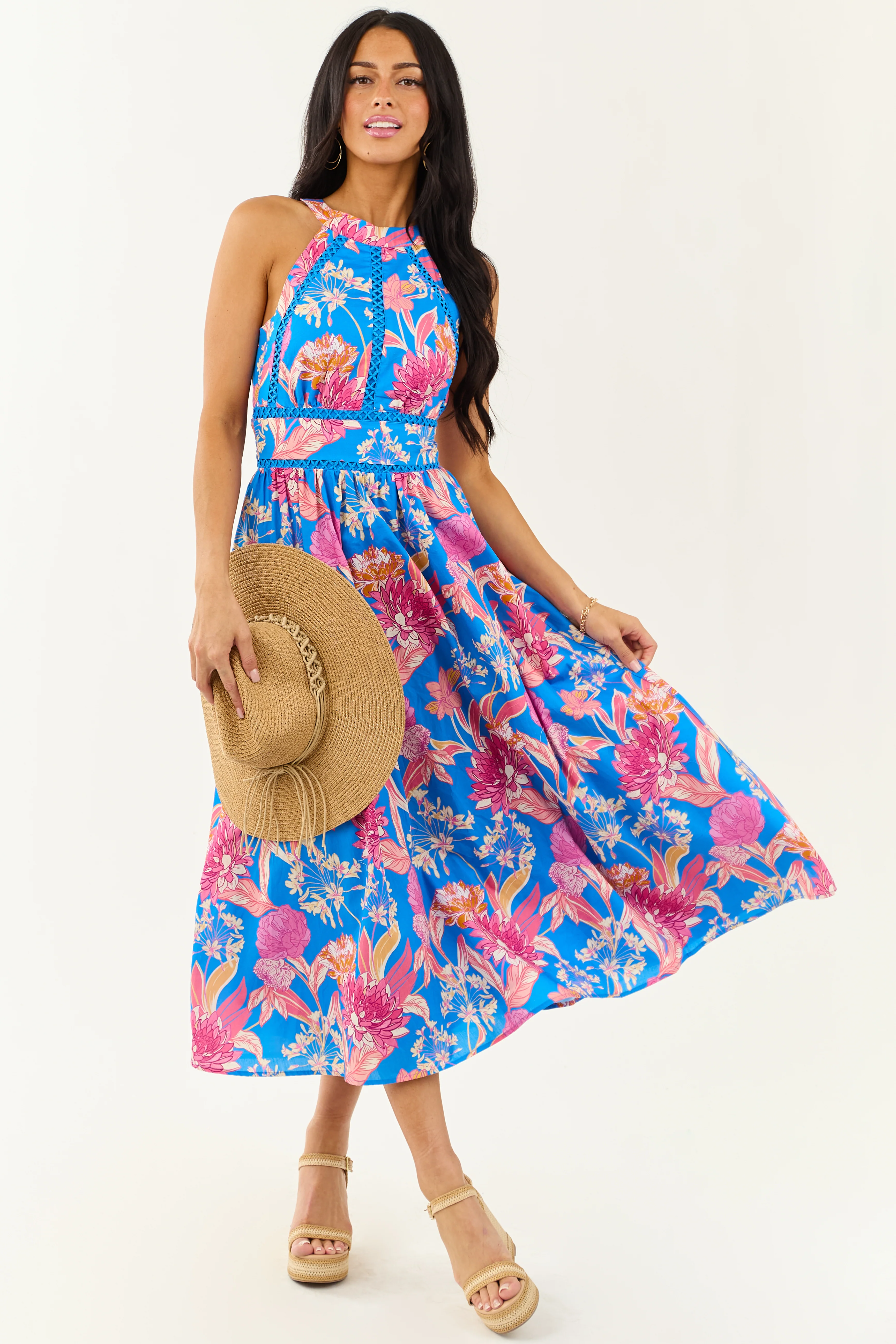 Flying Tomato Azure Floral Cotton Halter Midi Dress - Image 5