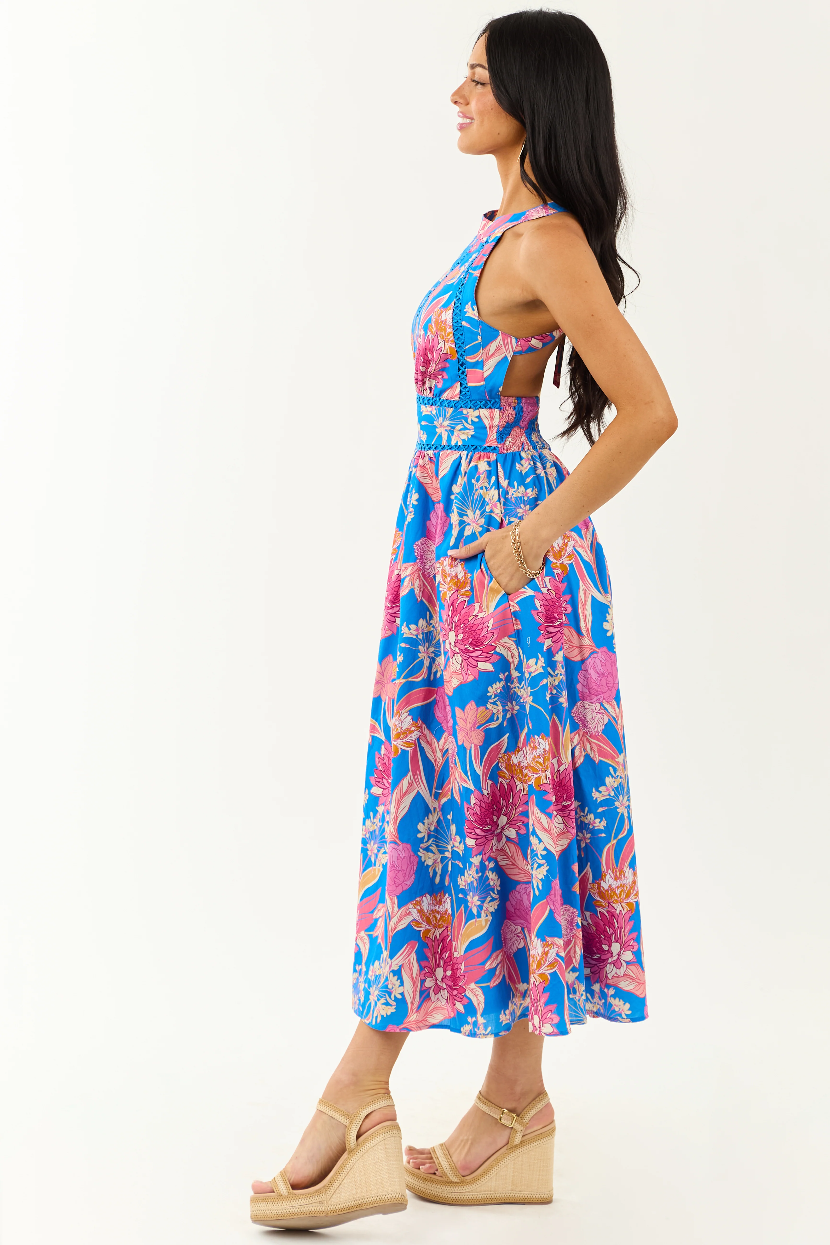 Flying Tomato Azure Floral Cotton Halter Midi Dress - Image 6