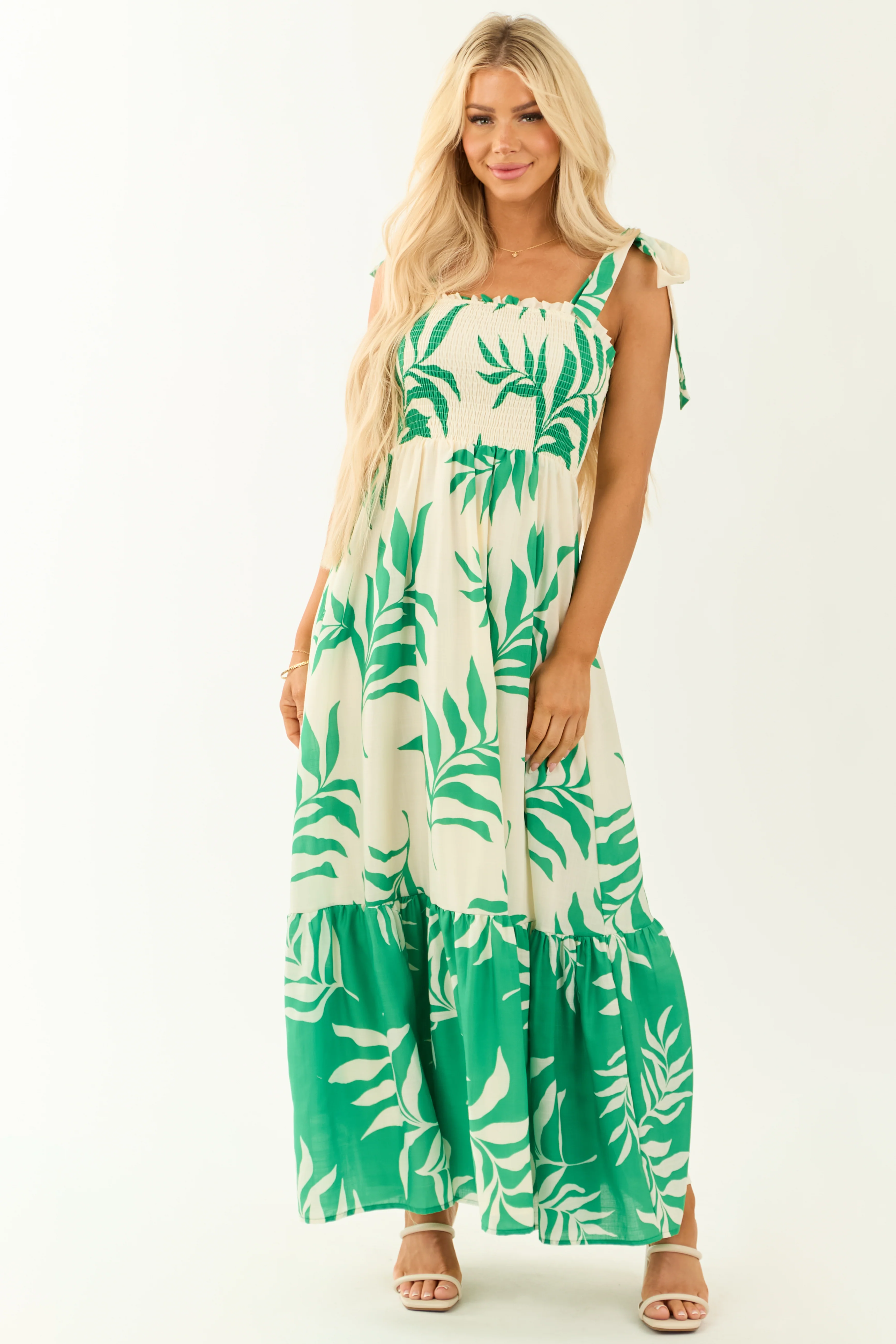 Flying Tomato Cream Leaf Print Sleeveless Maxi Dress - Image 3