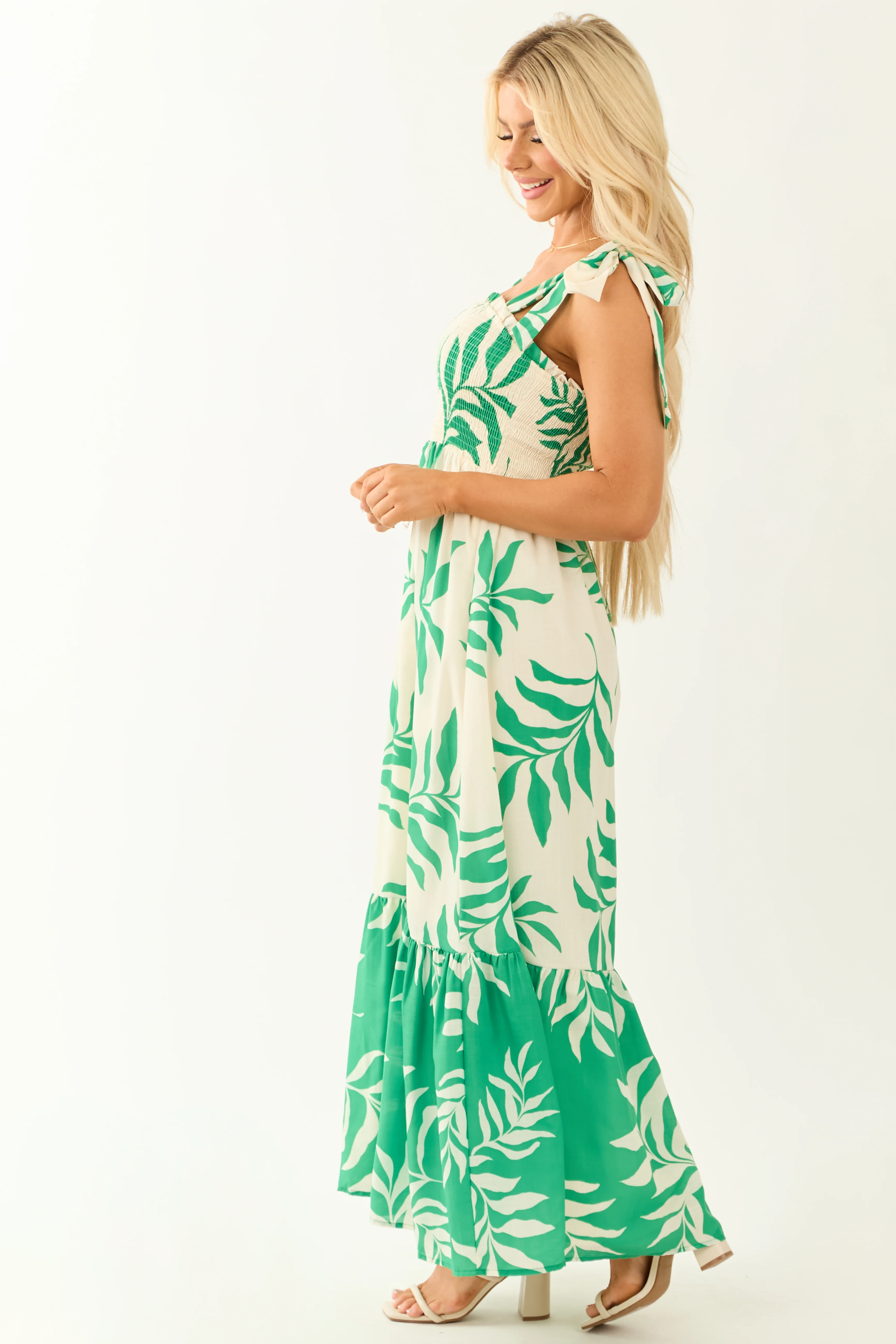Flying Tomato Cream Leaf Print Sleeveless Maxi Dress - Image 5