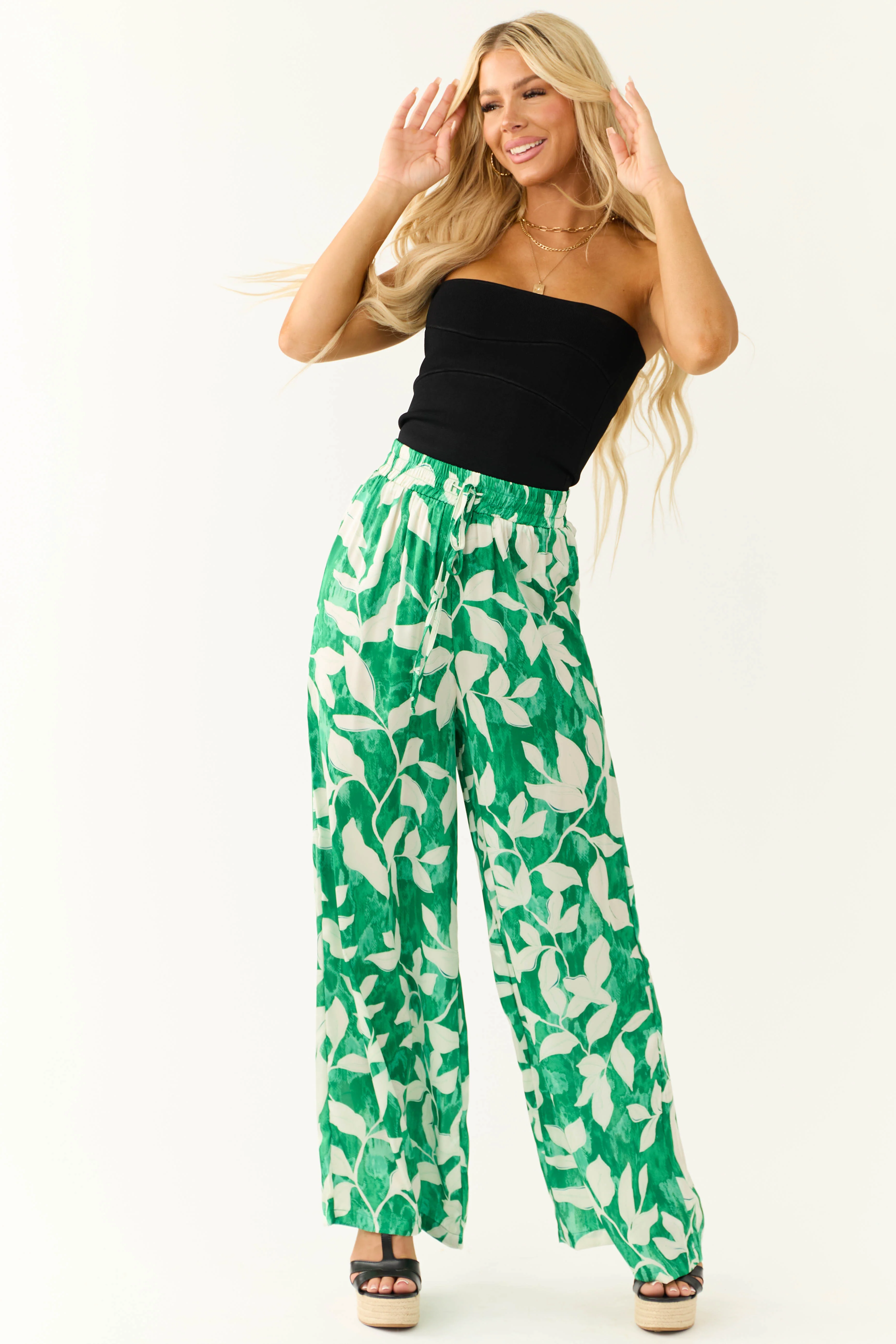 Flying Tomato Jade Leaf Print Satin Pants - Image 5