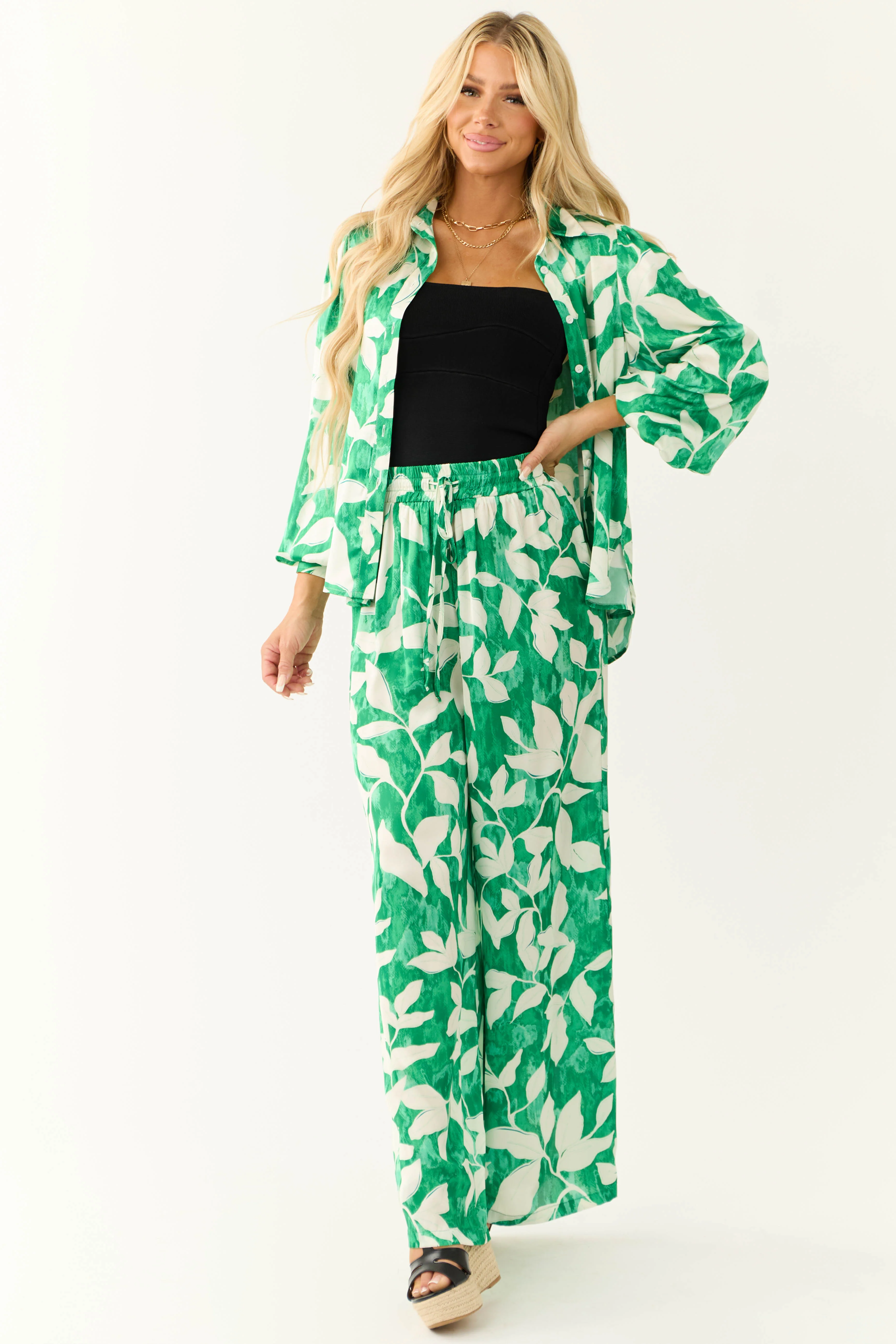 Flying Tomato Jade Leaf Print Satin Pants - Image 6