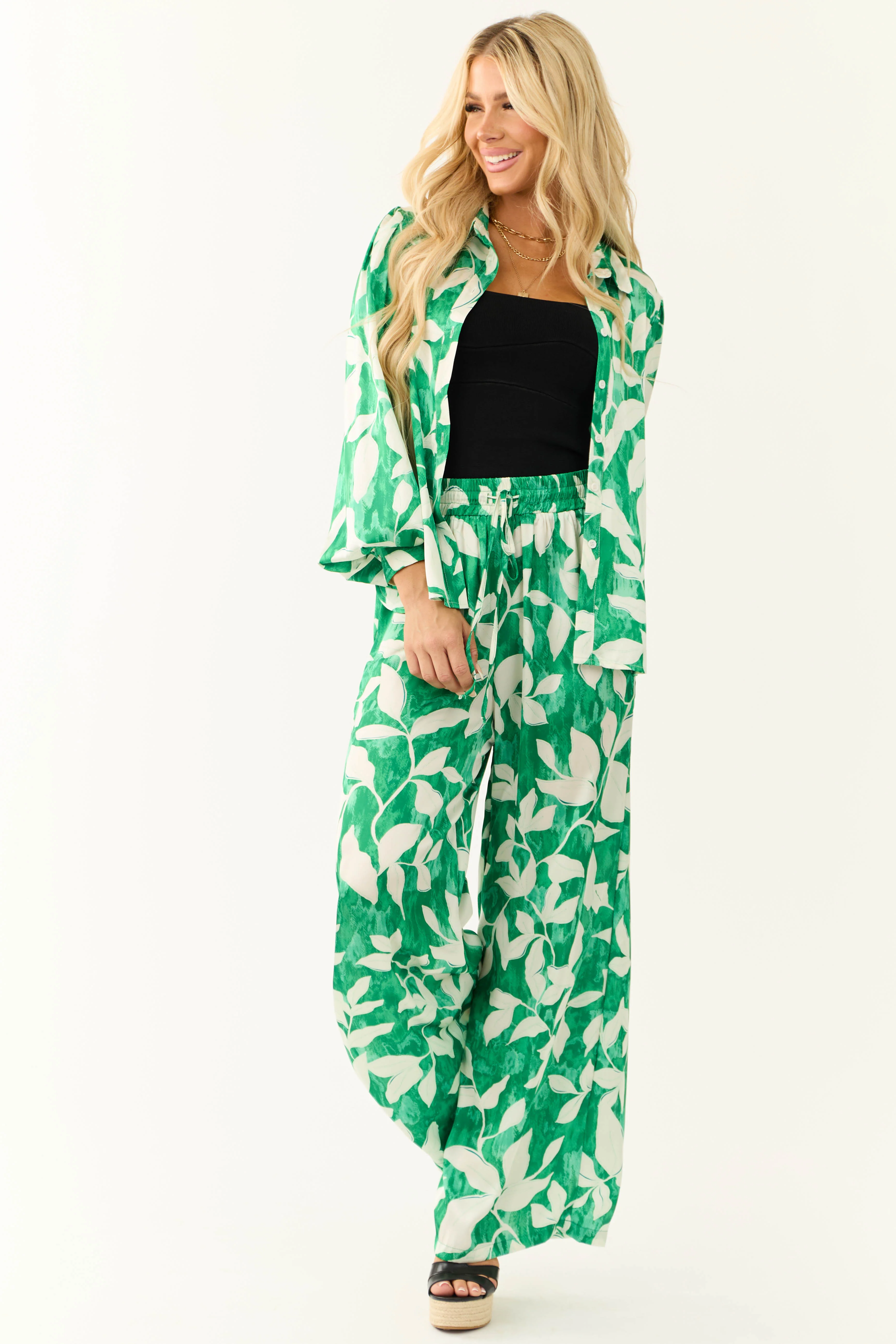 Flying Tomato Jade Leaf Print Satin Pants - Image 7