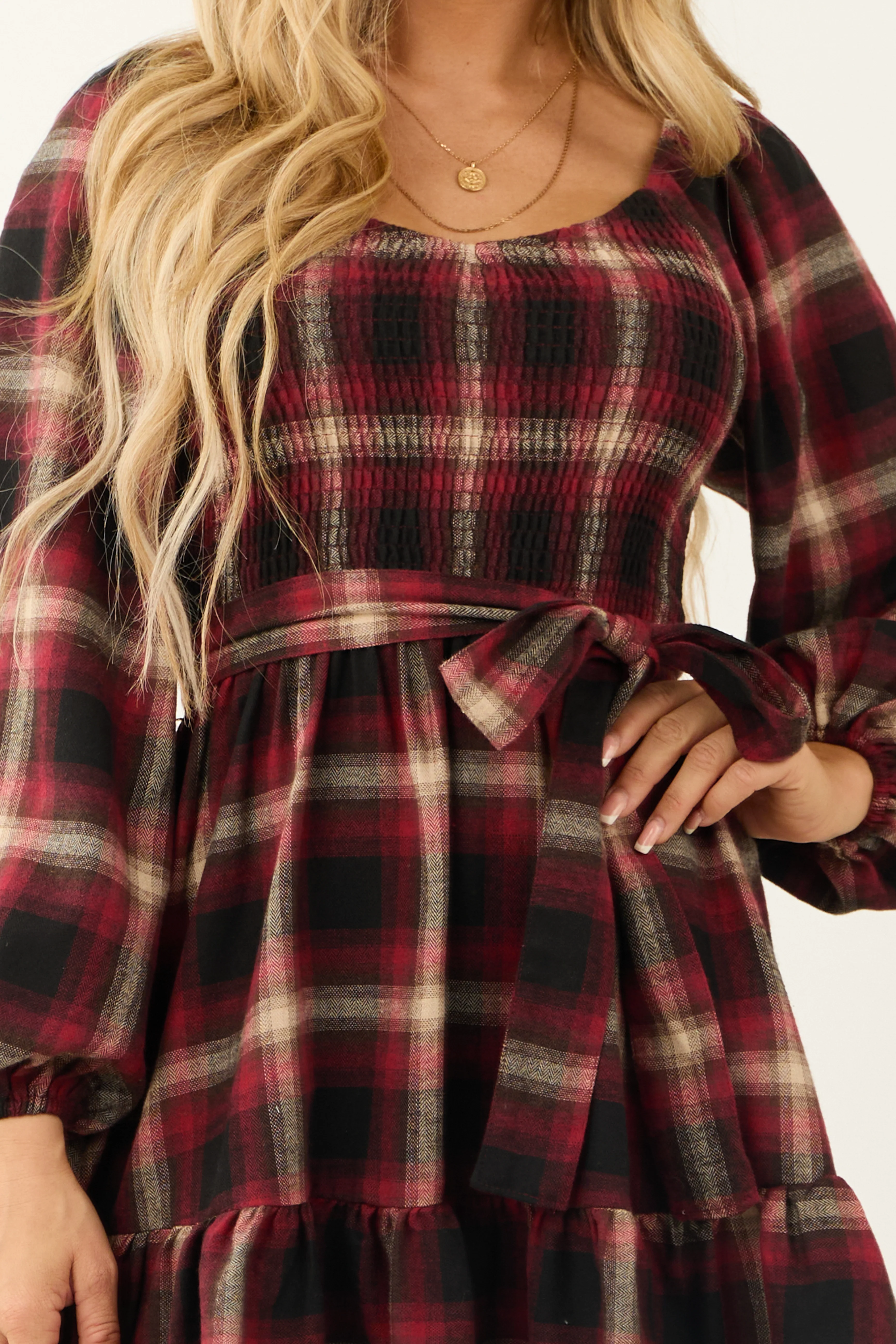 Flying Tomato Ruby Plaid Smocked Bodice Short Dress - Image 6