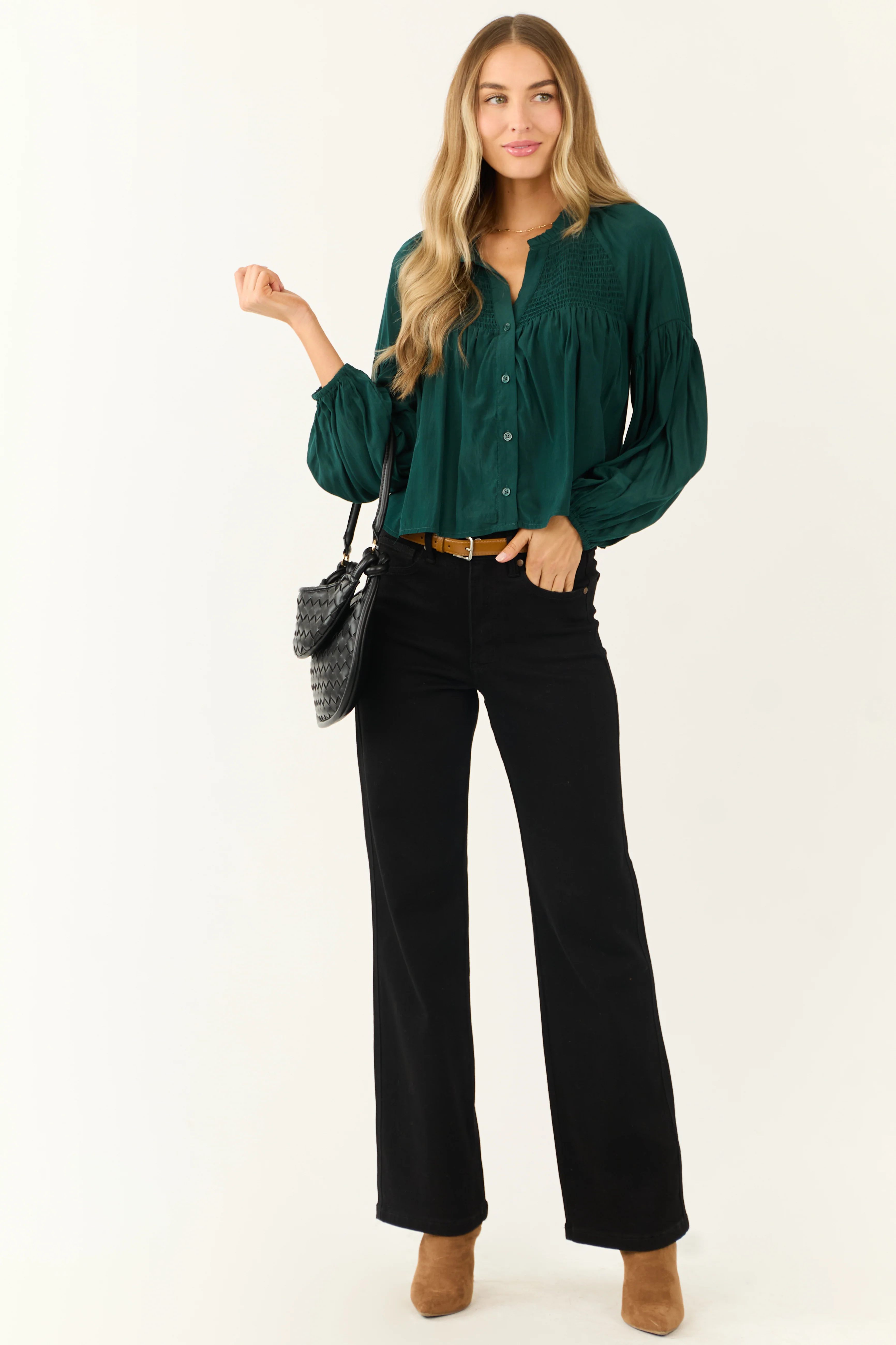 Forest Green Button Up Smocked Yoke Long Sleeve Top - Image 3
