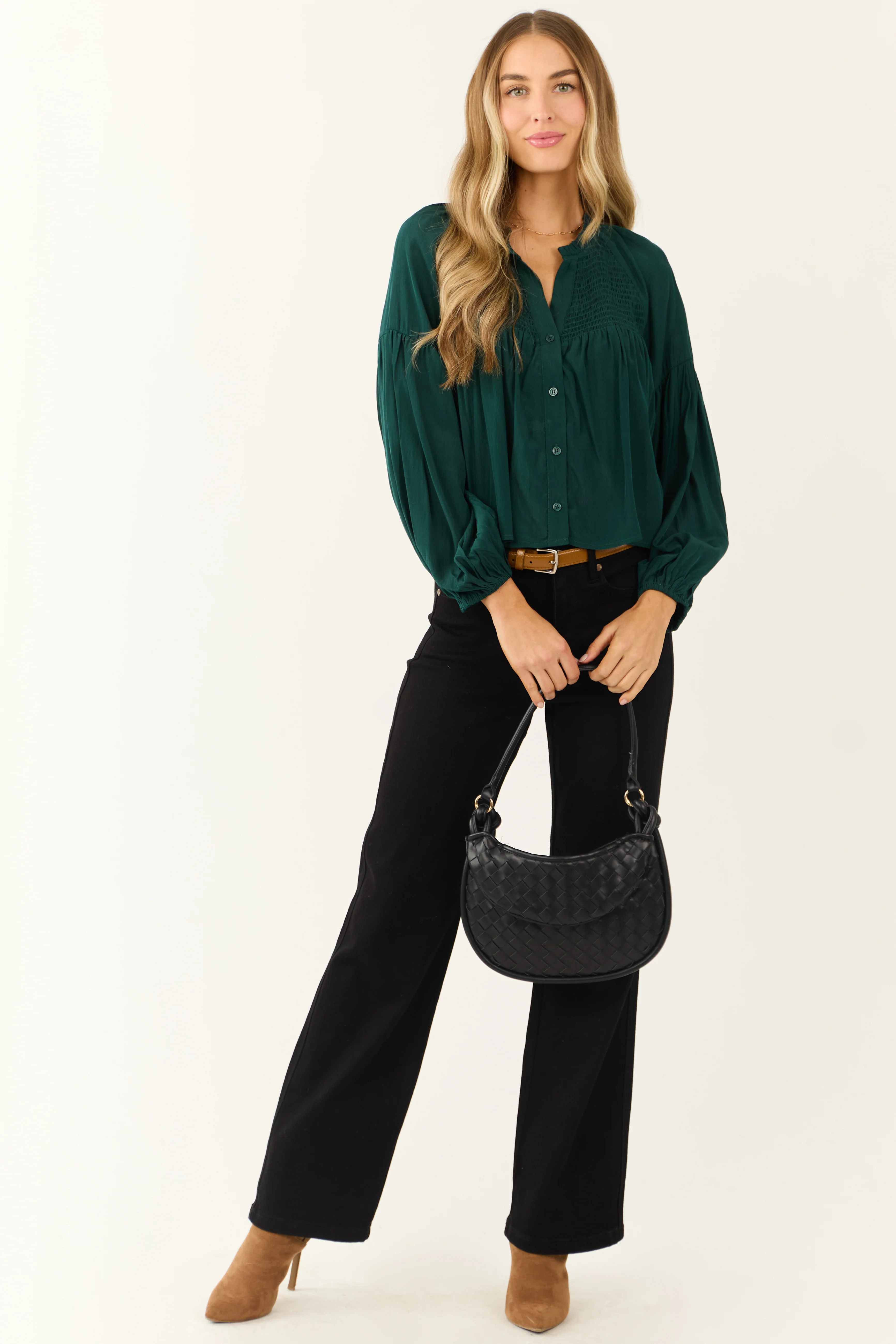 Forest Green Button Up Smocked Yoke Long Sleeve Top - Image 4