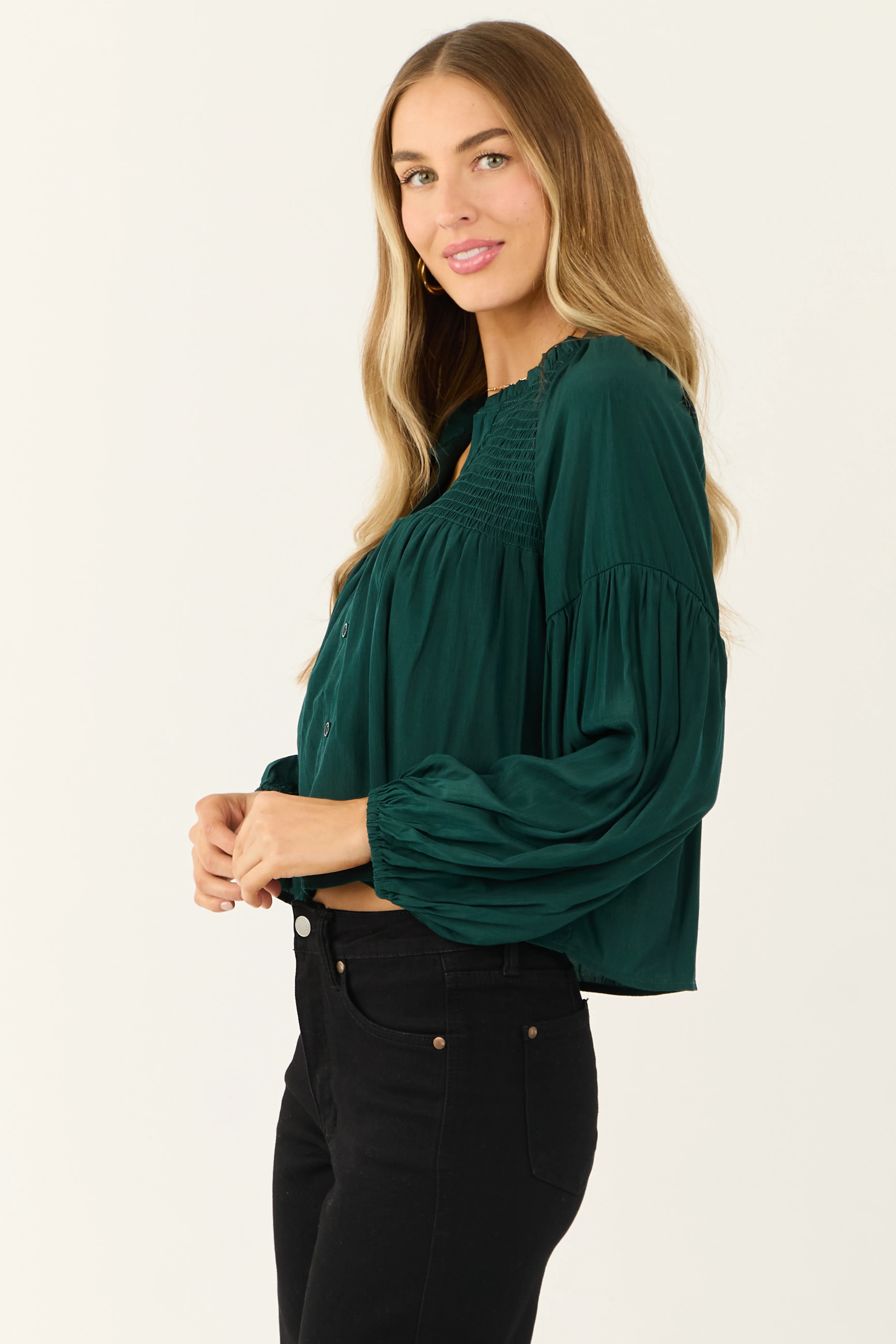 Forest Green Button Up Smocked Yoke Long Sleeve Top - Image 5
