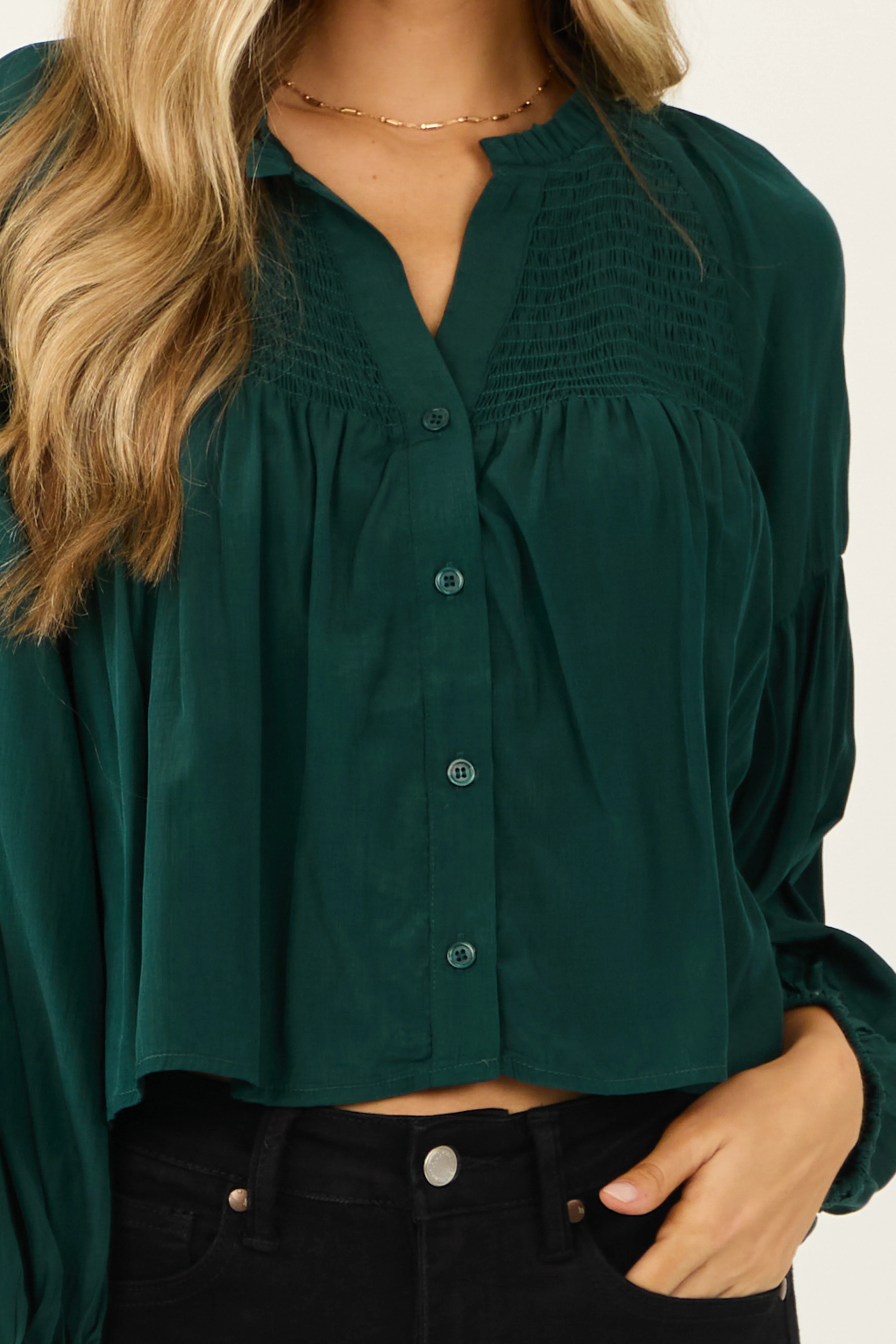 Forest Green Button Up Smocked Yoke Long Sleeve Top - Image 7