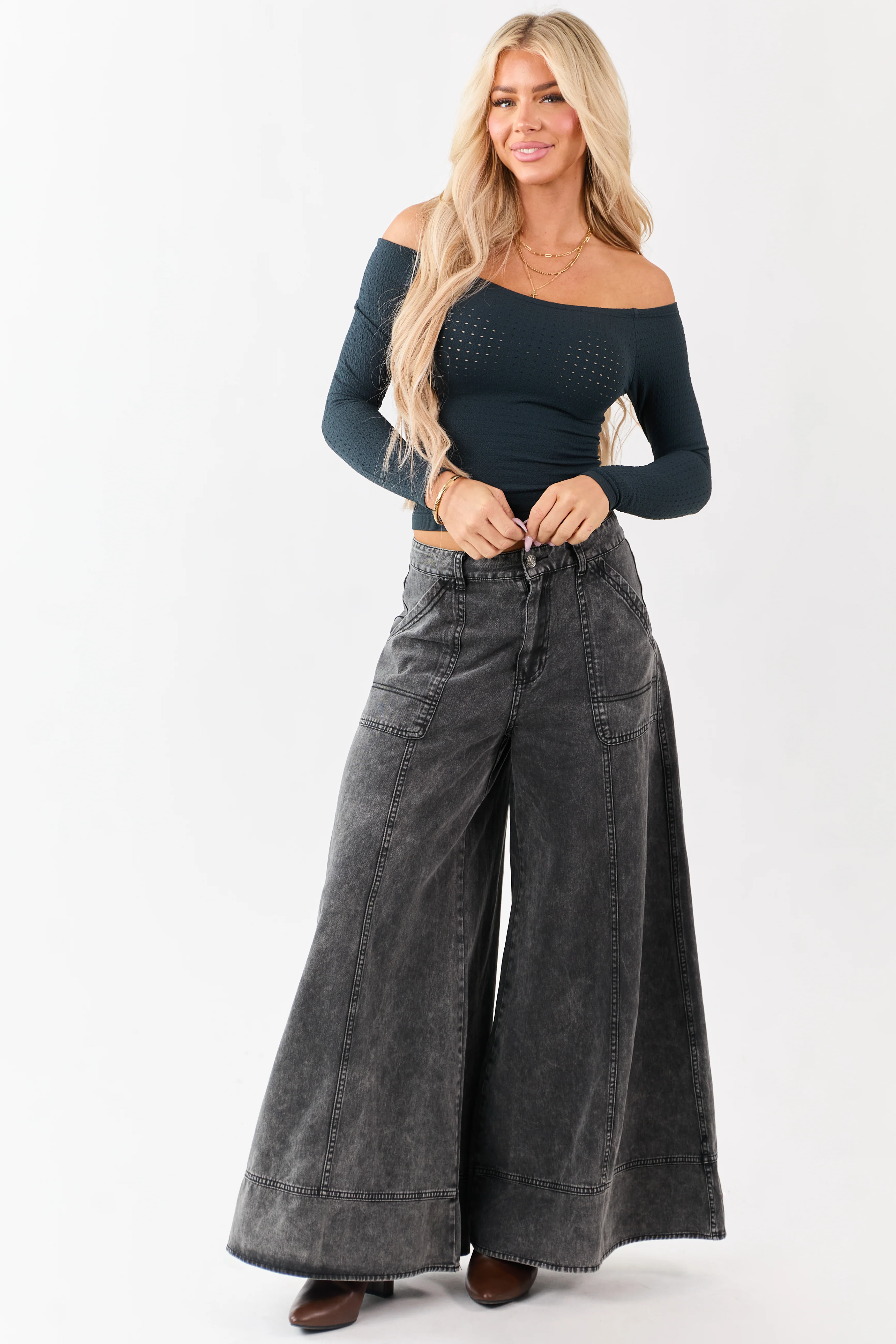 Forest Green Pointelle Off Shoulder Long Sleeve Top - Image 3