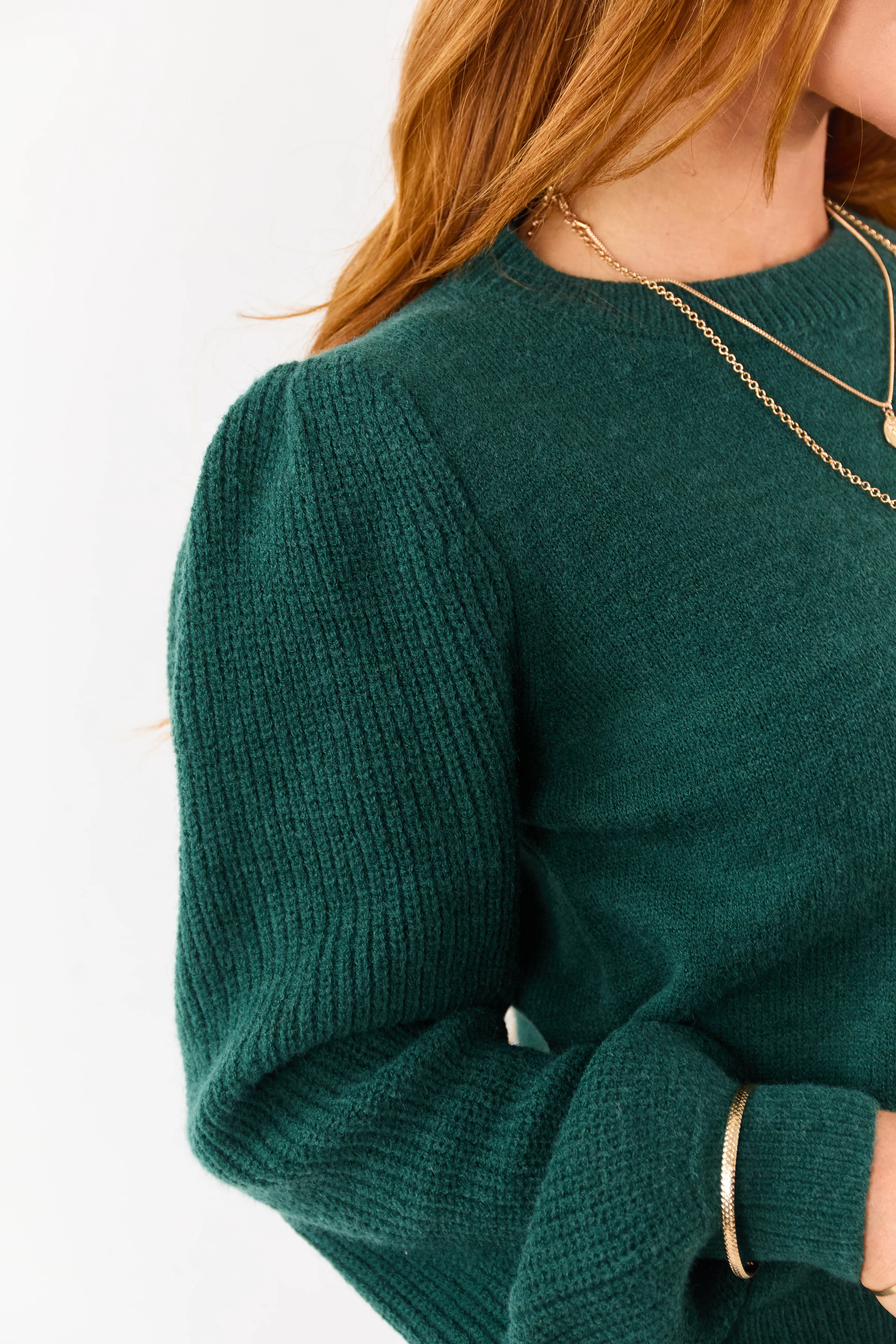 Forest Green Ribbed Knit Puff Long Sleeve Sweater - Image 6