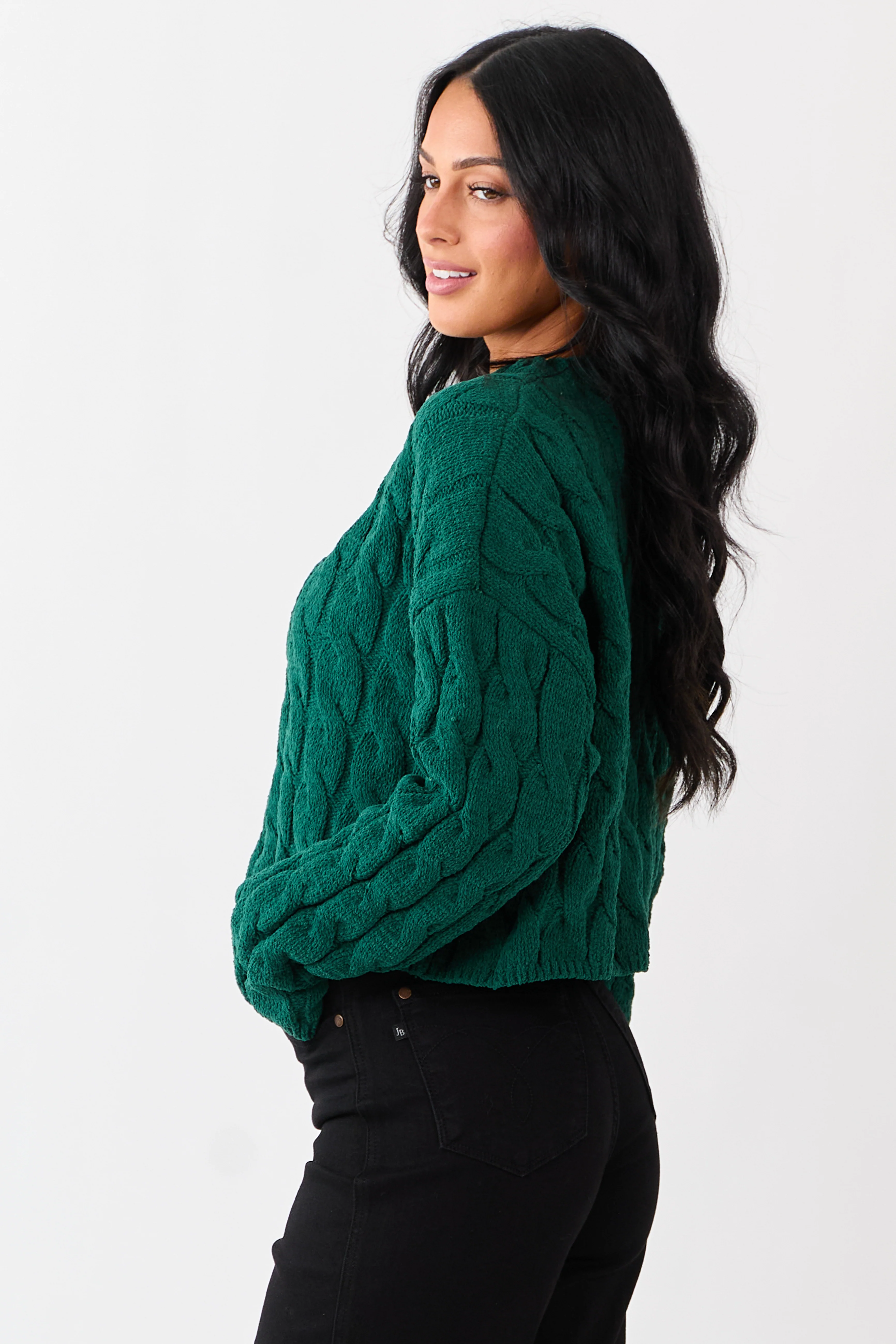 Forest Green Semi Cropped Chenille Cable Knit Sweater - Image 3