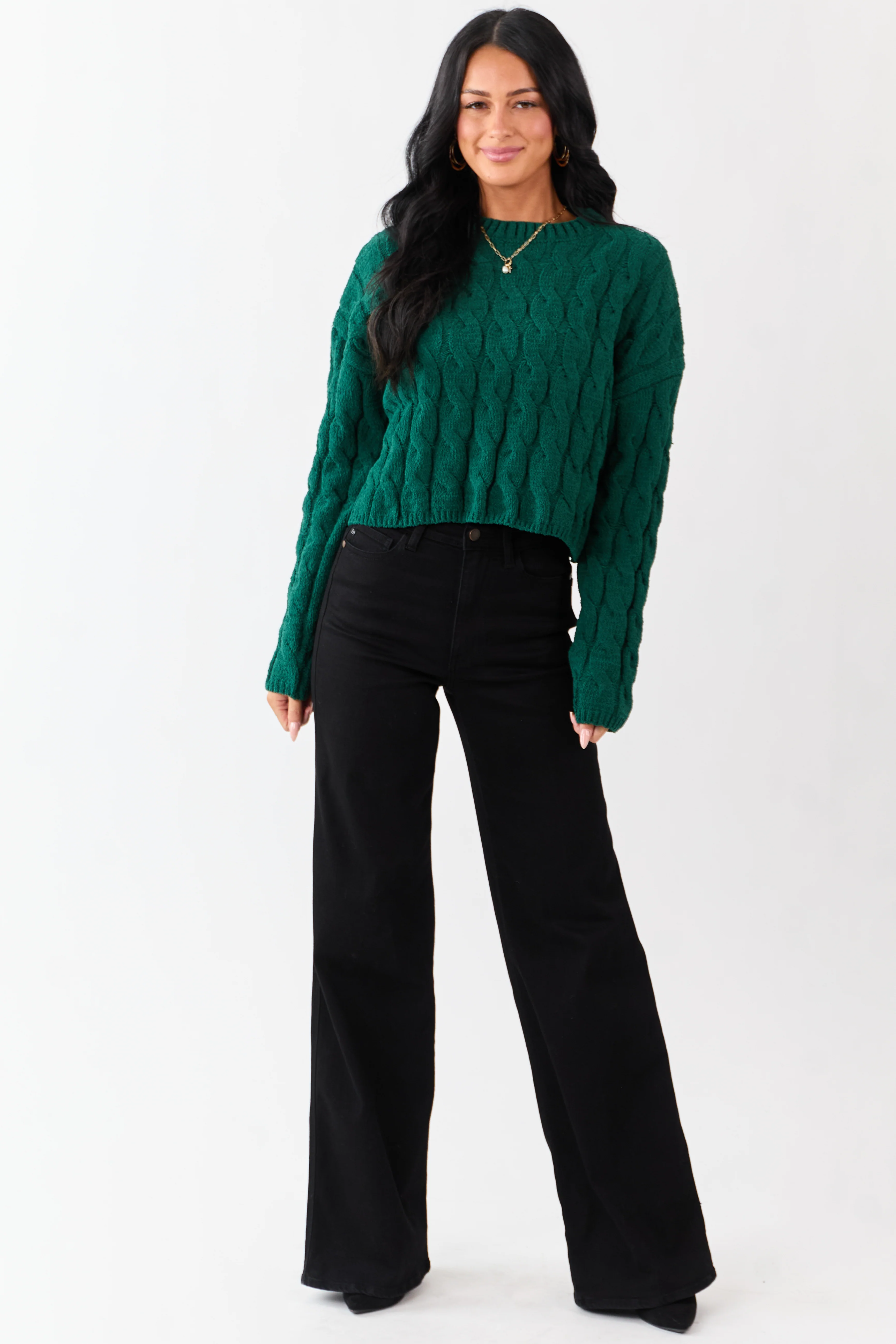 Forest Green Semi Cropped Chenille Cable Knit Sweater - Image 4