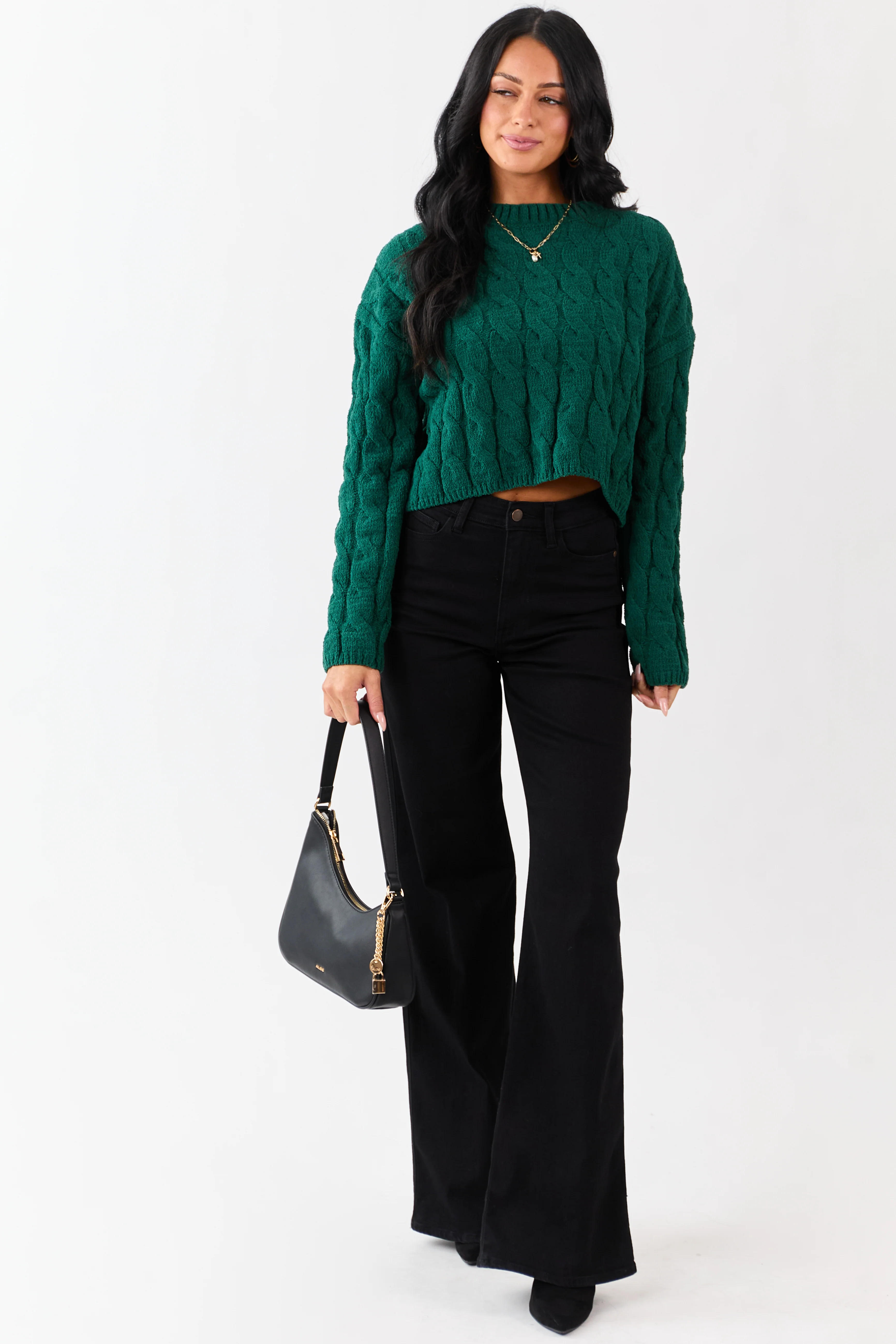 Forest Green Semi Cropped Chenille Cable Knit Sweater - Image 5