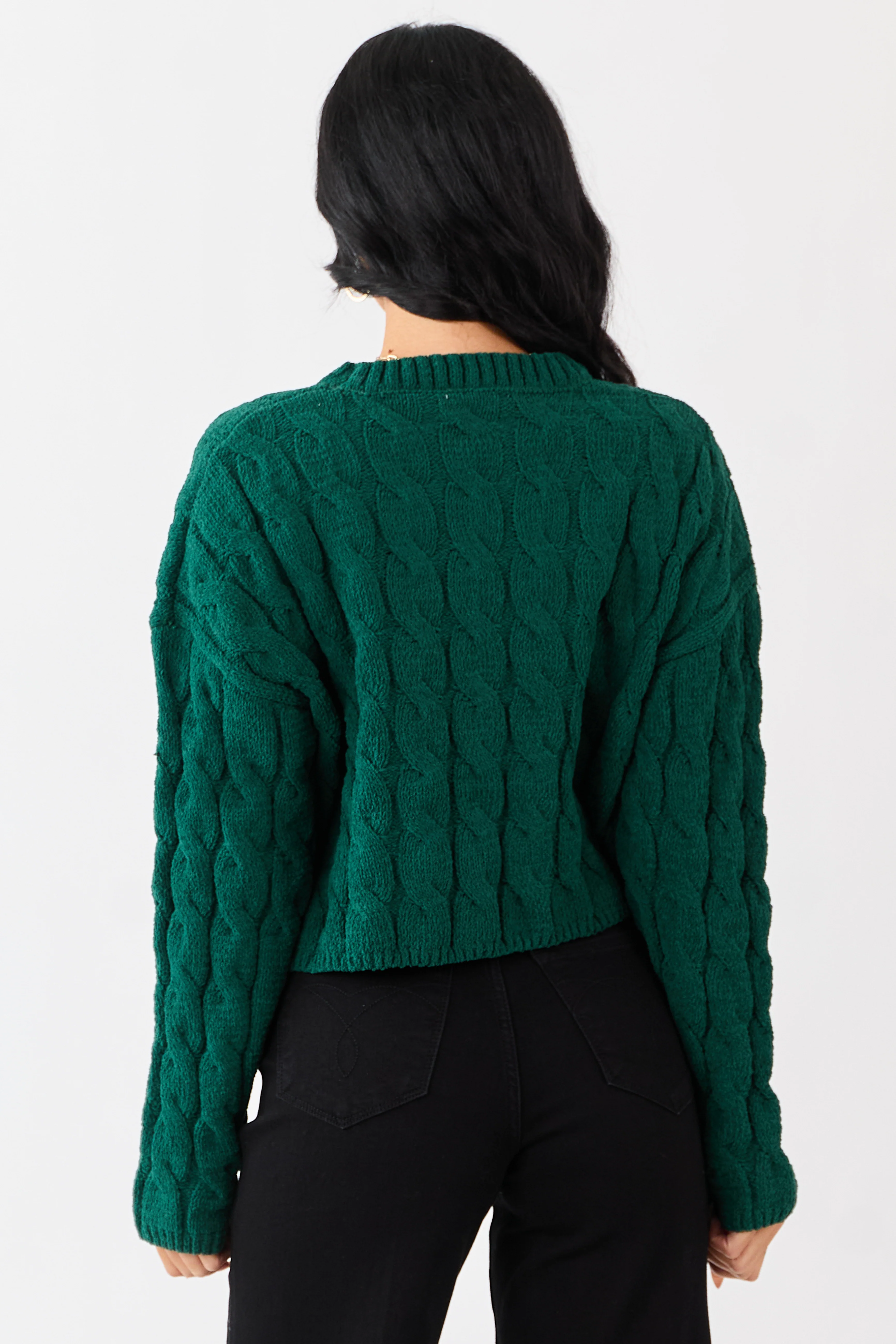 Forest Green Semi Cropped Chenille Cable Knit Sweater - Image 6