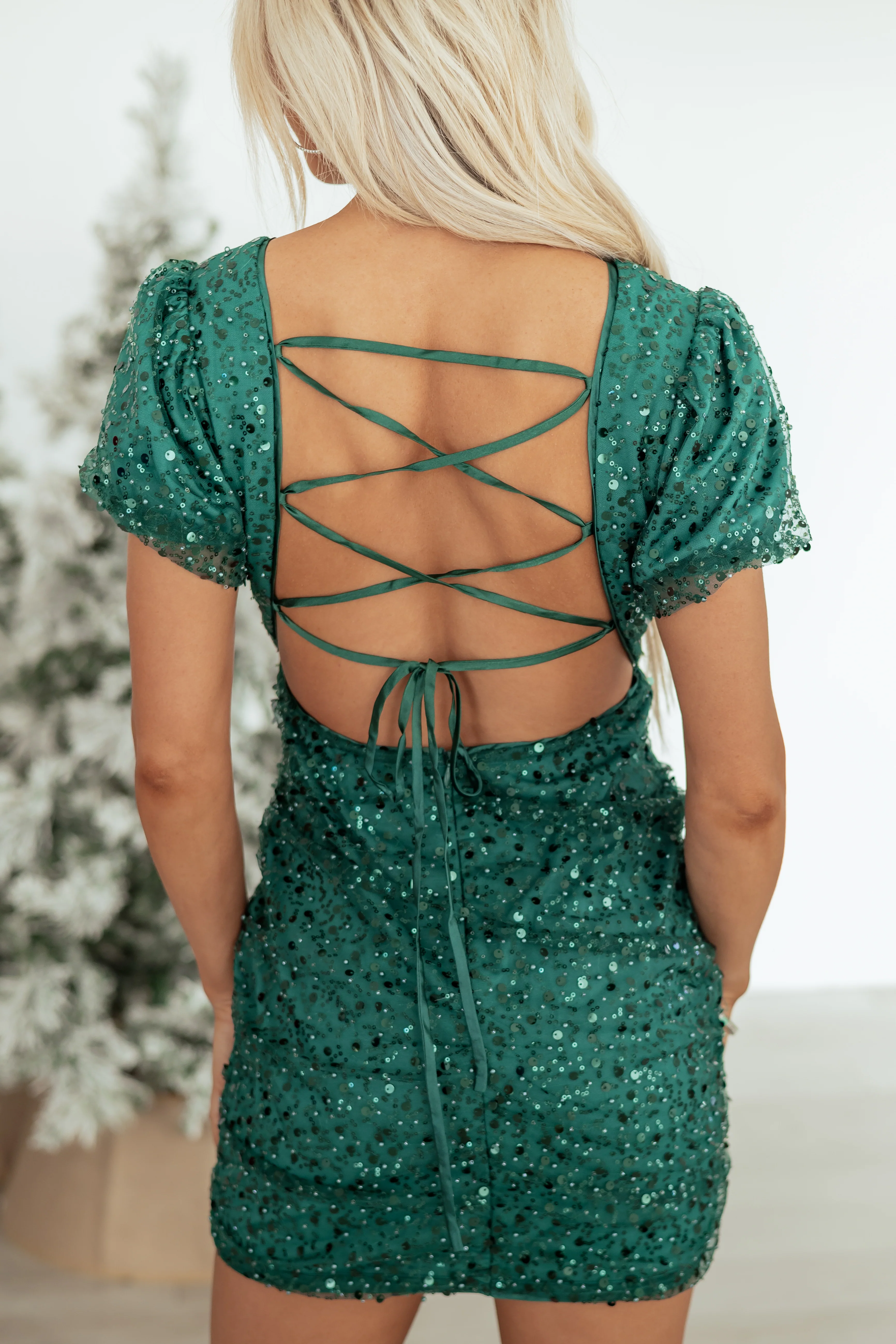 Forest Green Sequin Puff Sleeve Mini Dress - Image 7