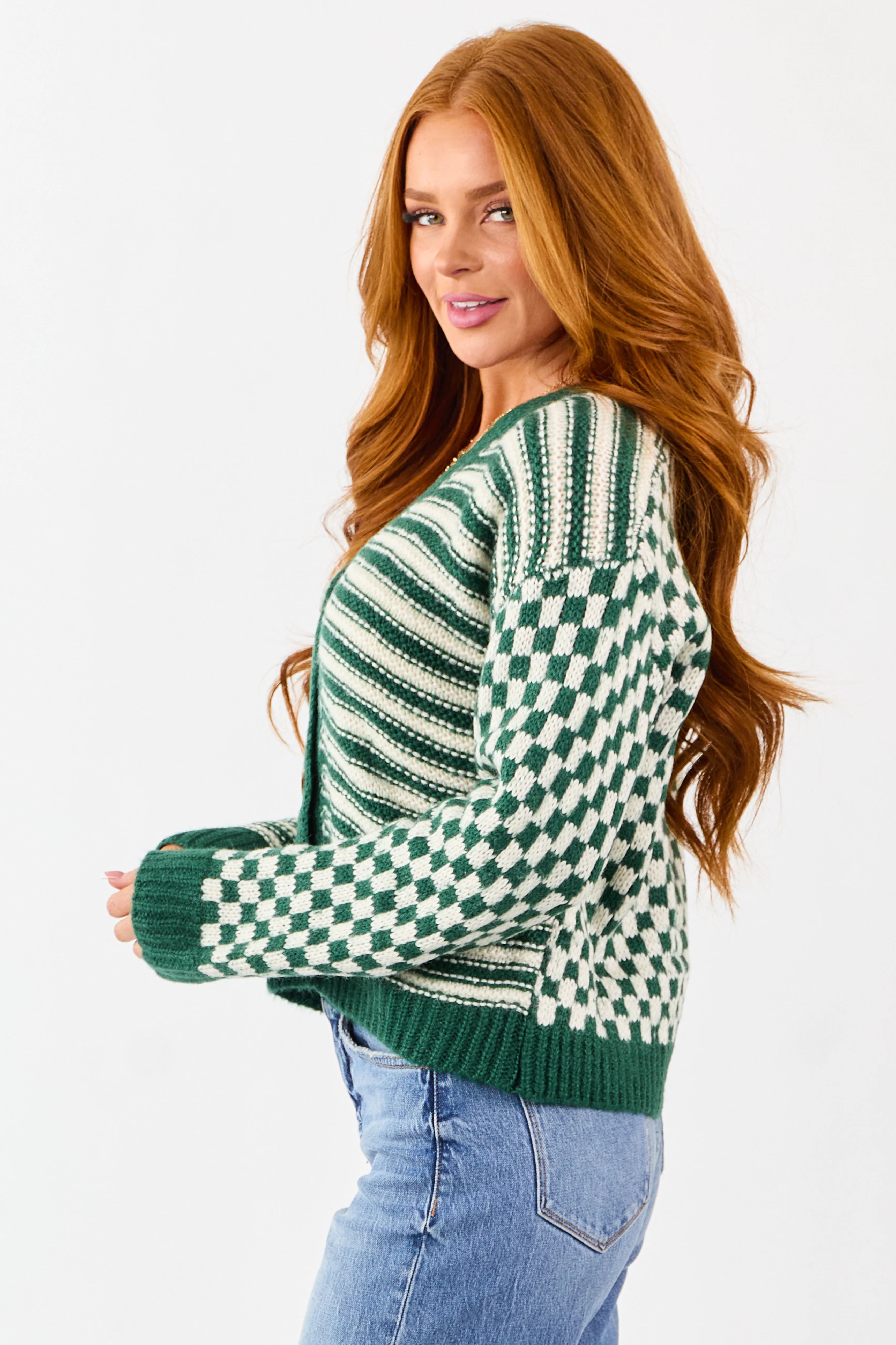 Forest Green Striped and Checkered Cardigan - Image 5