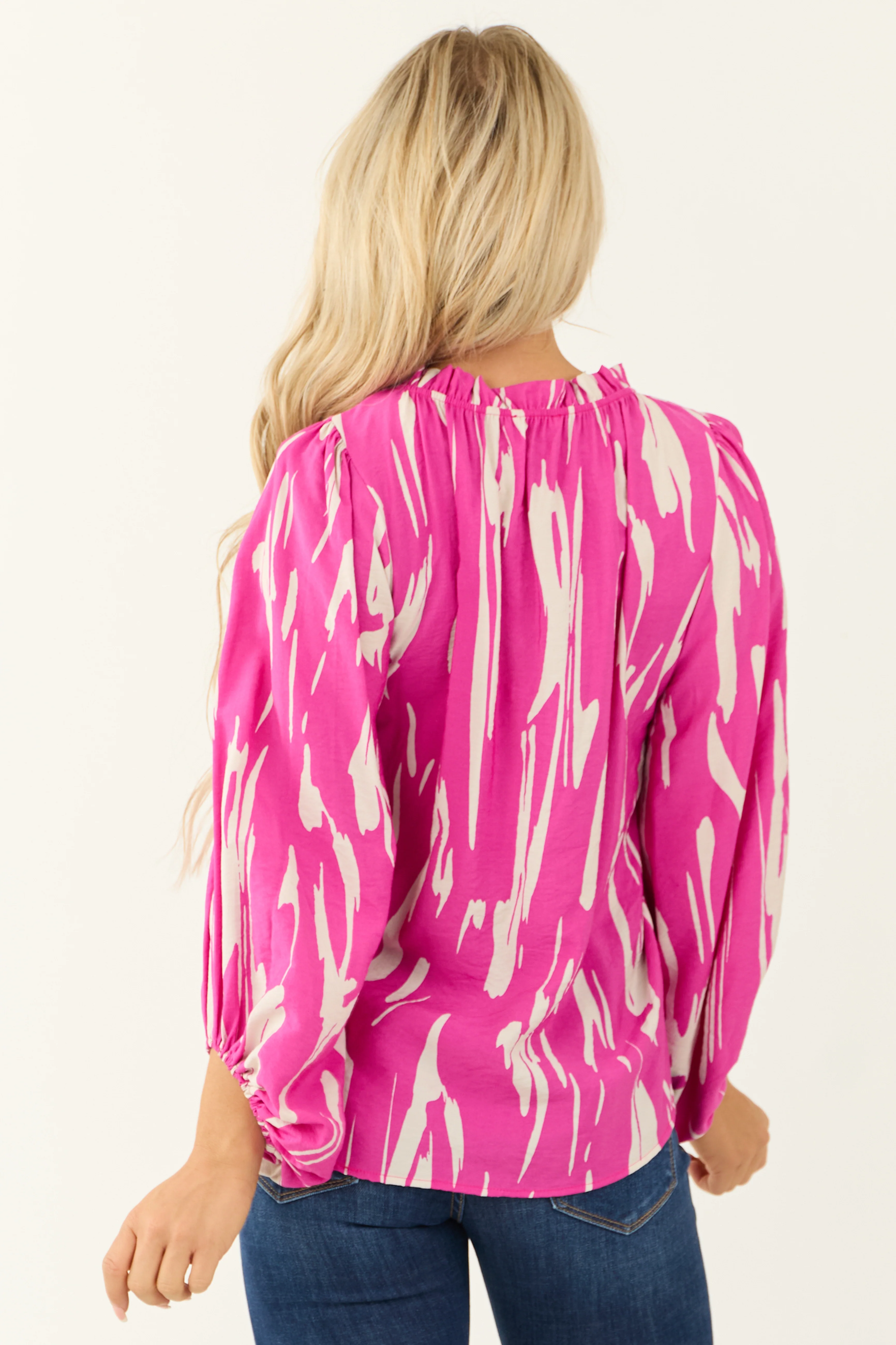 Fuchsia Abstract Print Long Puff Sleeve Top - Image 5