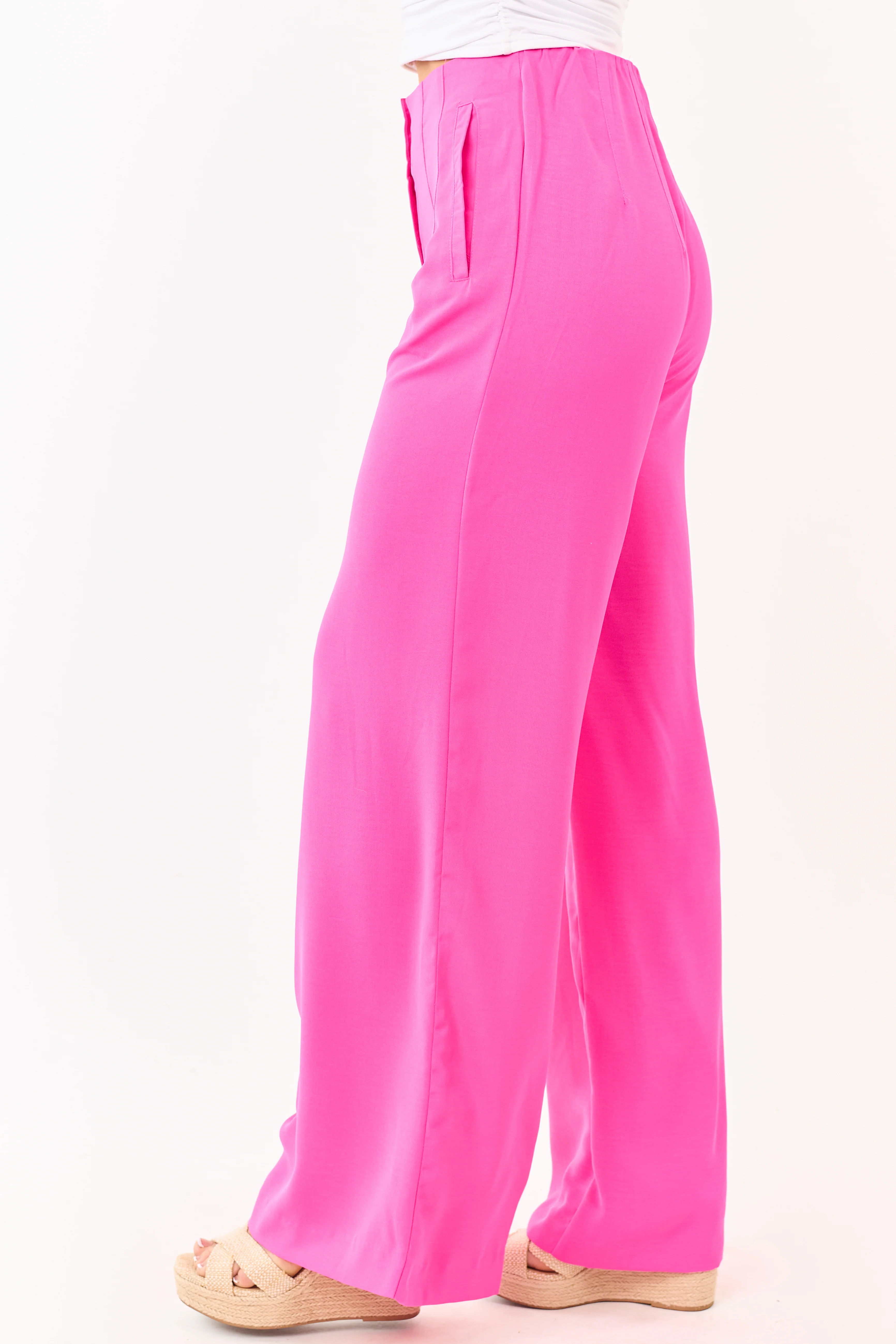 Fuchsia High Waisted Flowy Wide Leg Pants - Image 3