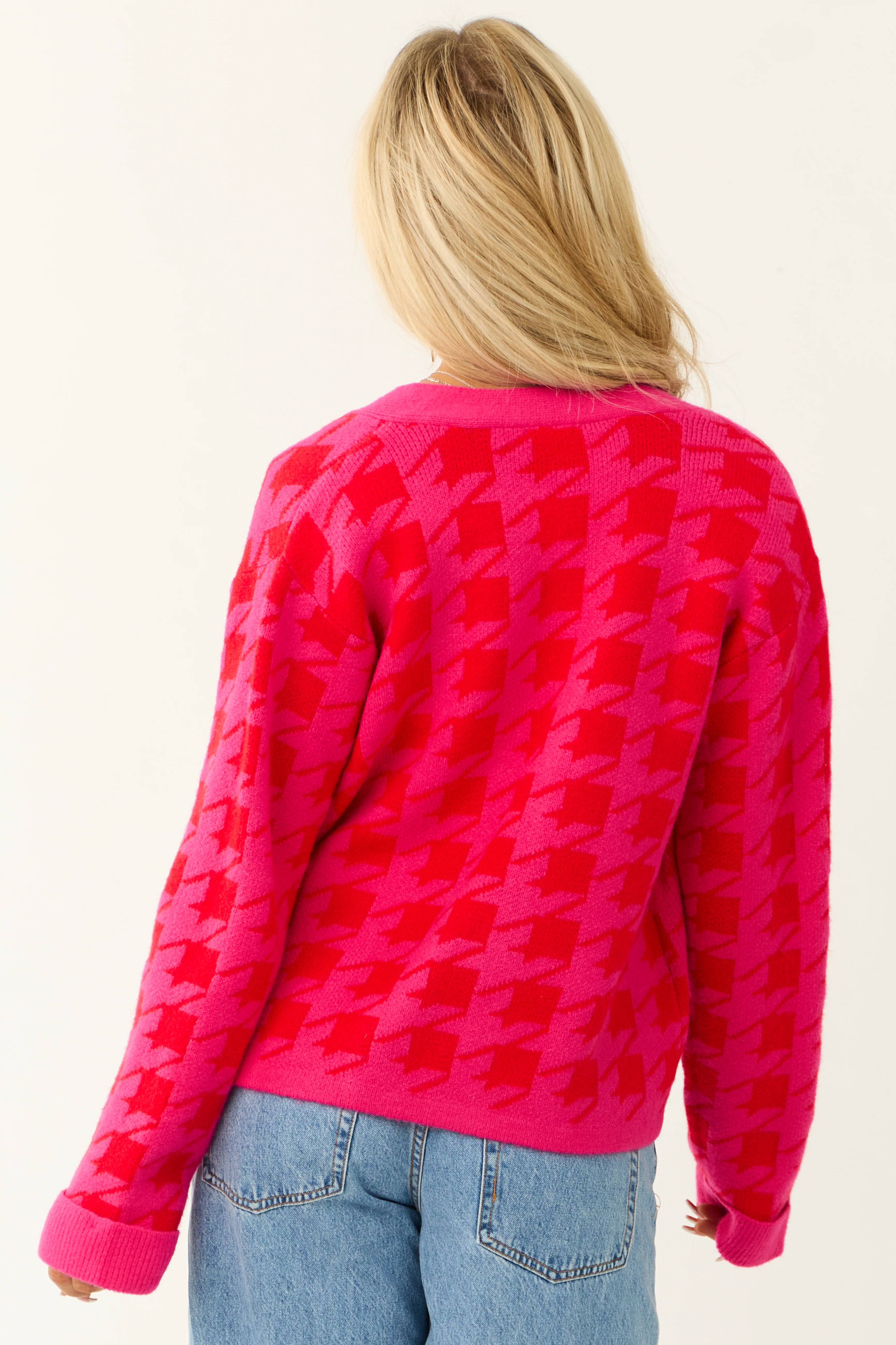 Fuchsia Houndstooth Long Sleeve Cardigan - Image 6