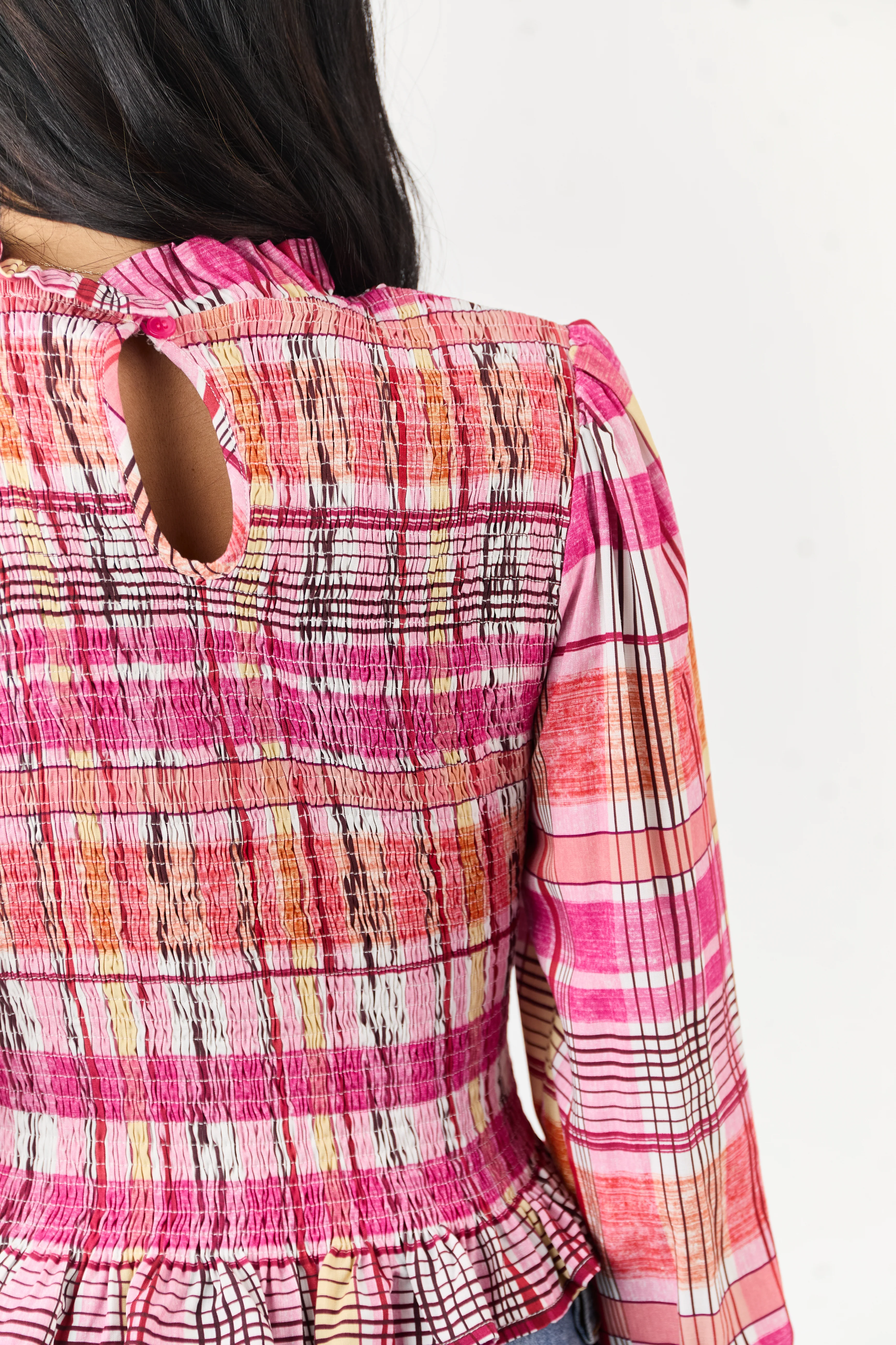 Fuchsia Plaid Smocked Long Sleeve Cotton Top - Image 6