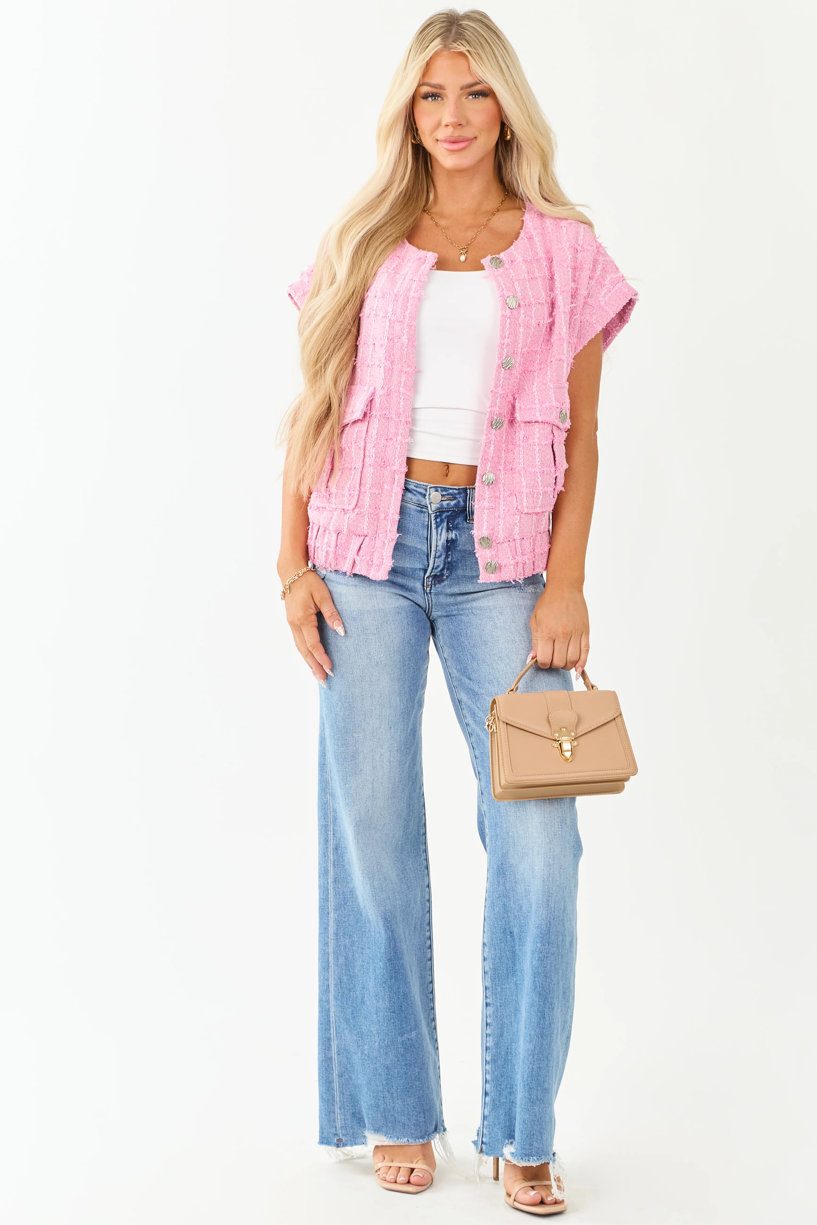 Fuchsia Tweed Button Down Short Sleeve Top - Image 3