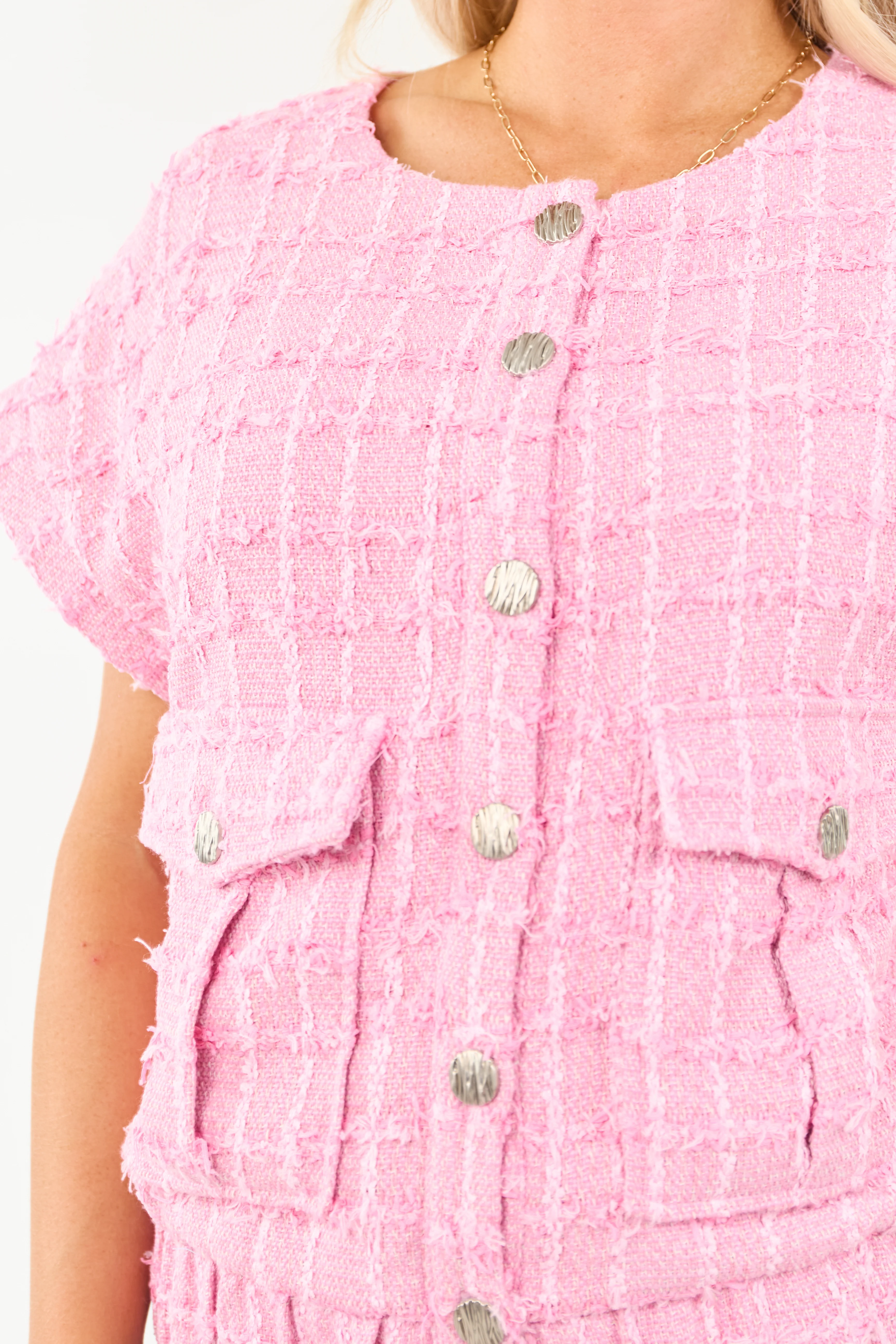 Fuchsia Tweed Button Down Short Sleeve Top - Image 8