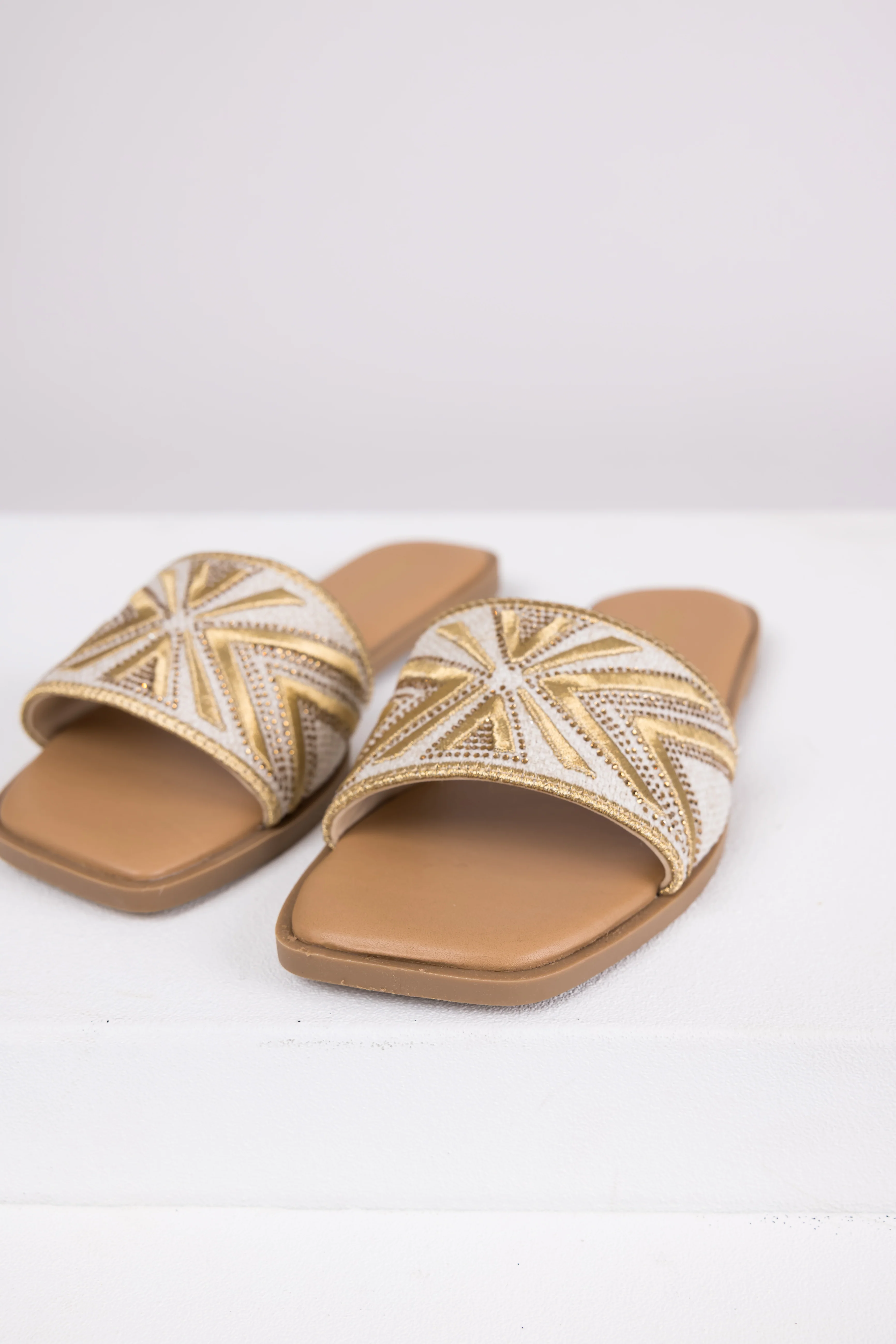 Gold Aztec Band Square Toe Slide Sandals - Image 2