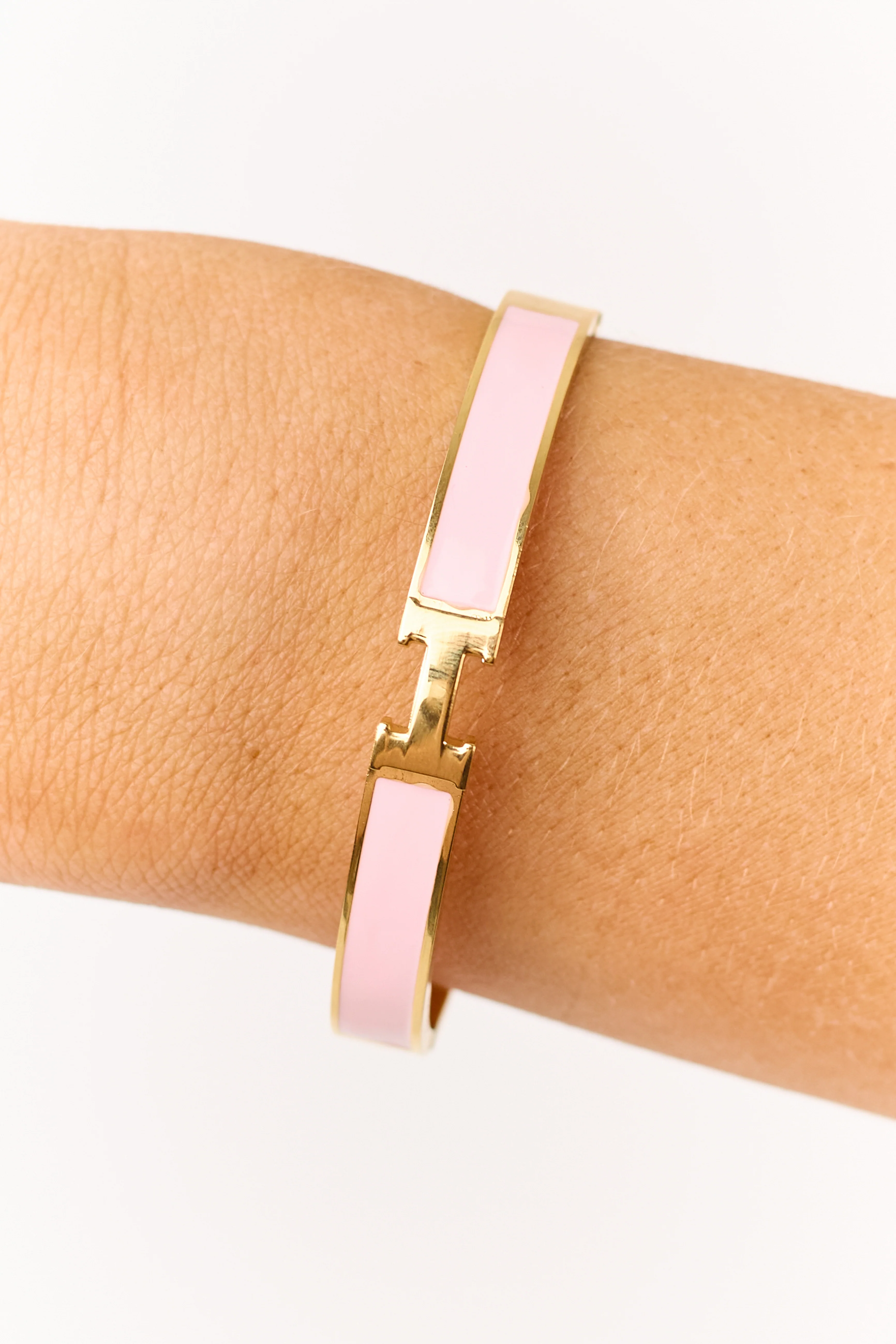 Gold and Carnation Enamel Hinged Bracelet