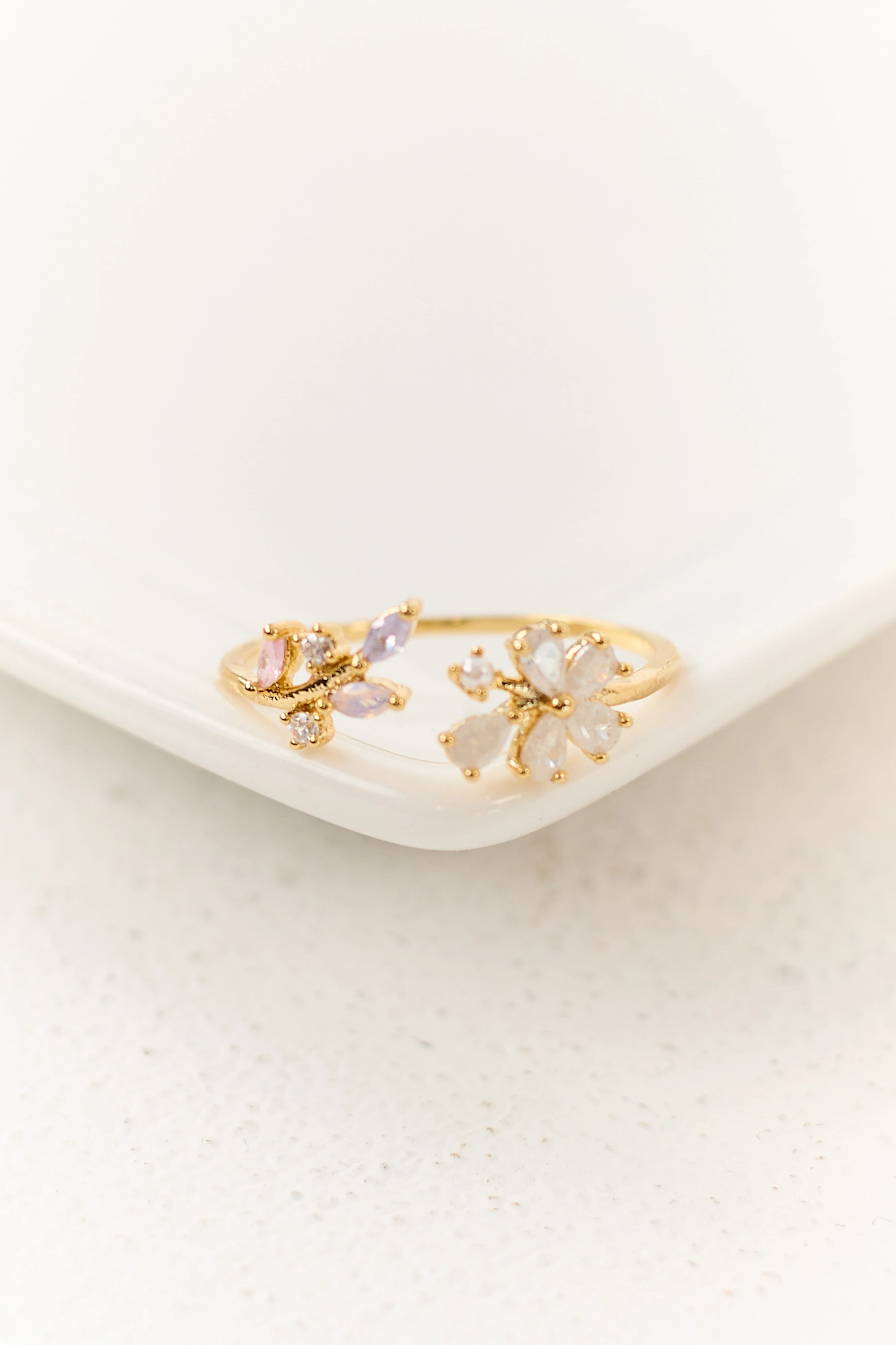 Gold Floral Rhinestone Open Ring