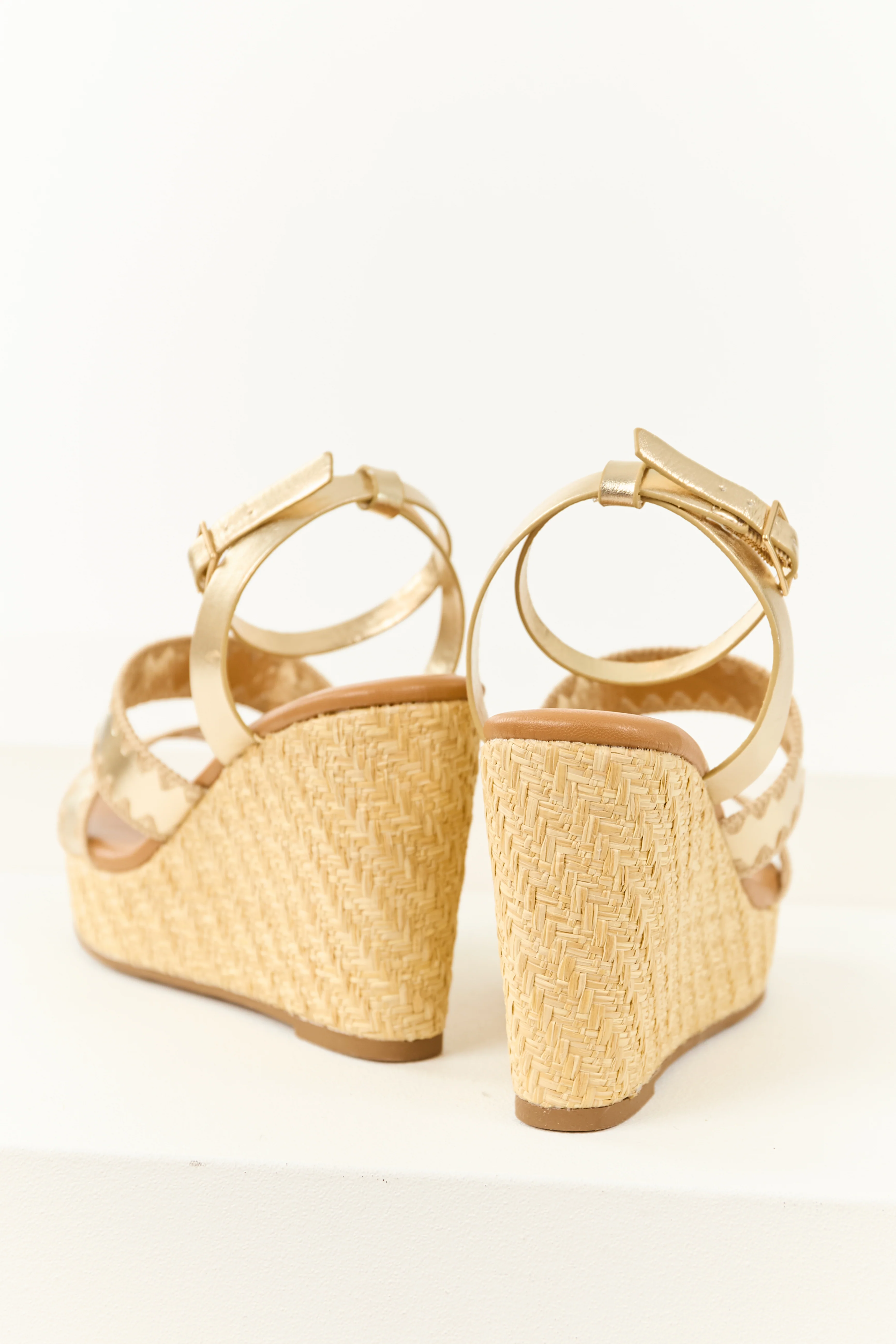 Gold Strappy Open Round Toe Raffia Platform Wedges - Image 3