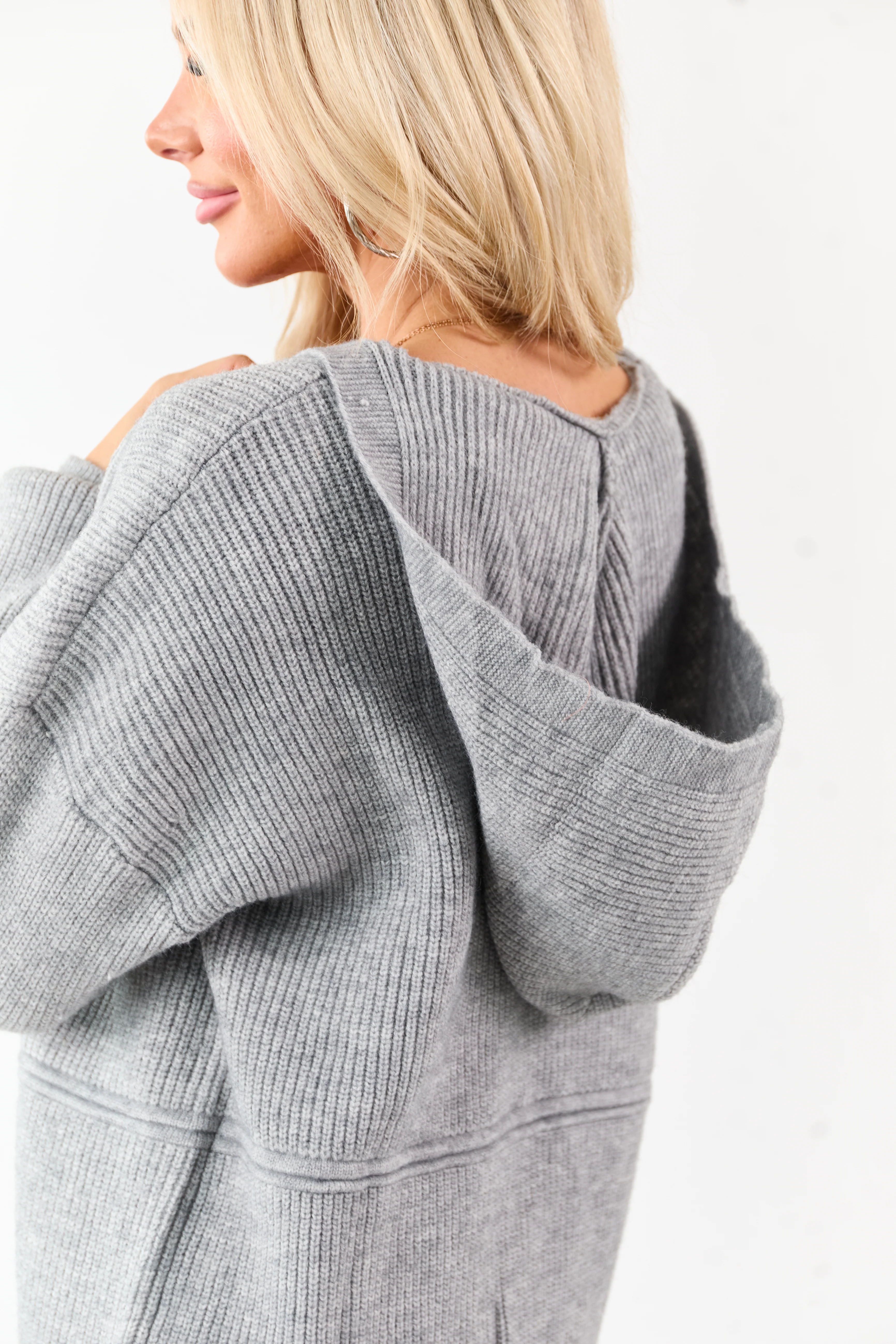 Heather Grey Hooded Relaxed Rib Knit Sweater - Image 2