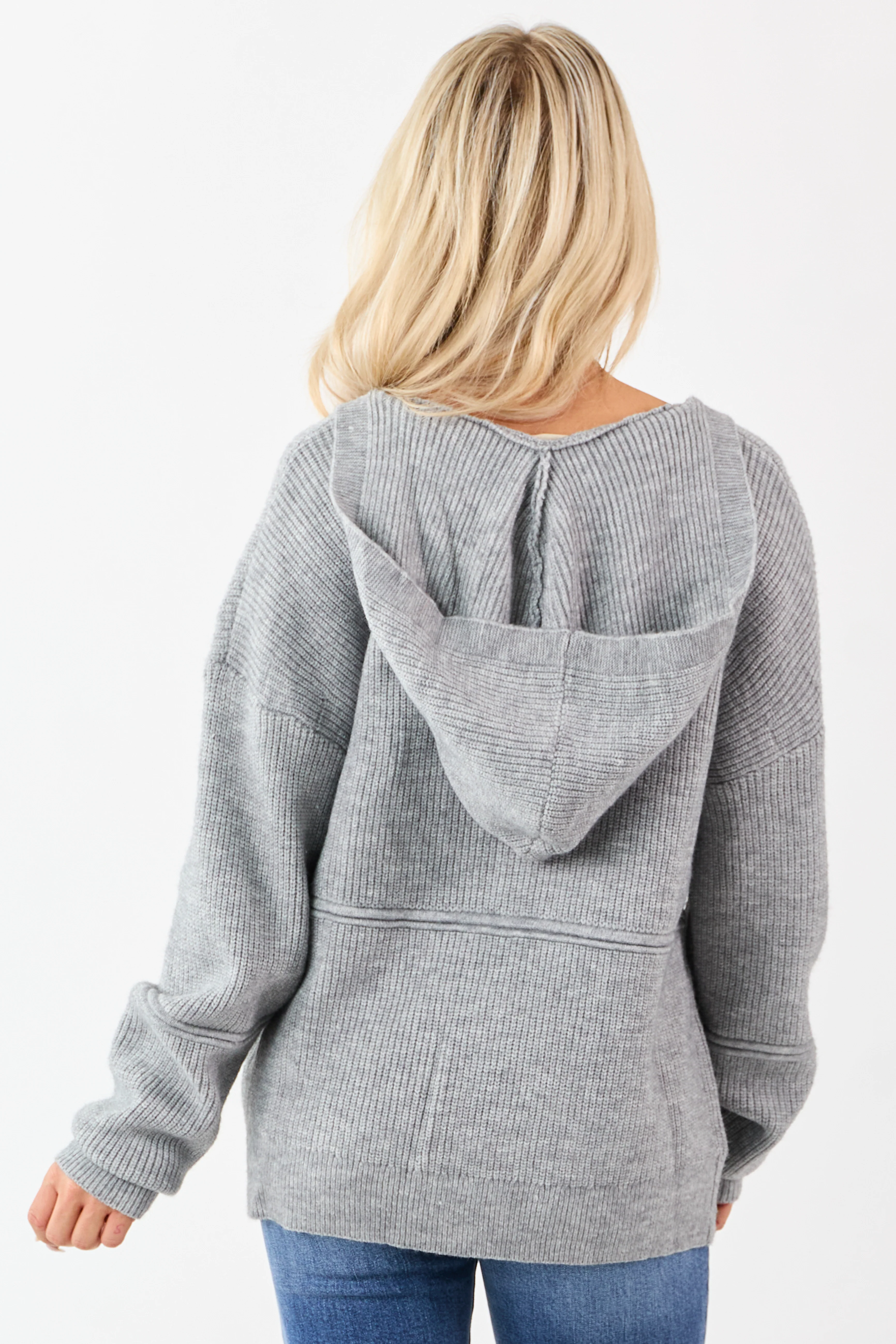 Heather Grey Hooded Relaxed Rib Knit Sweater - Image 6