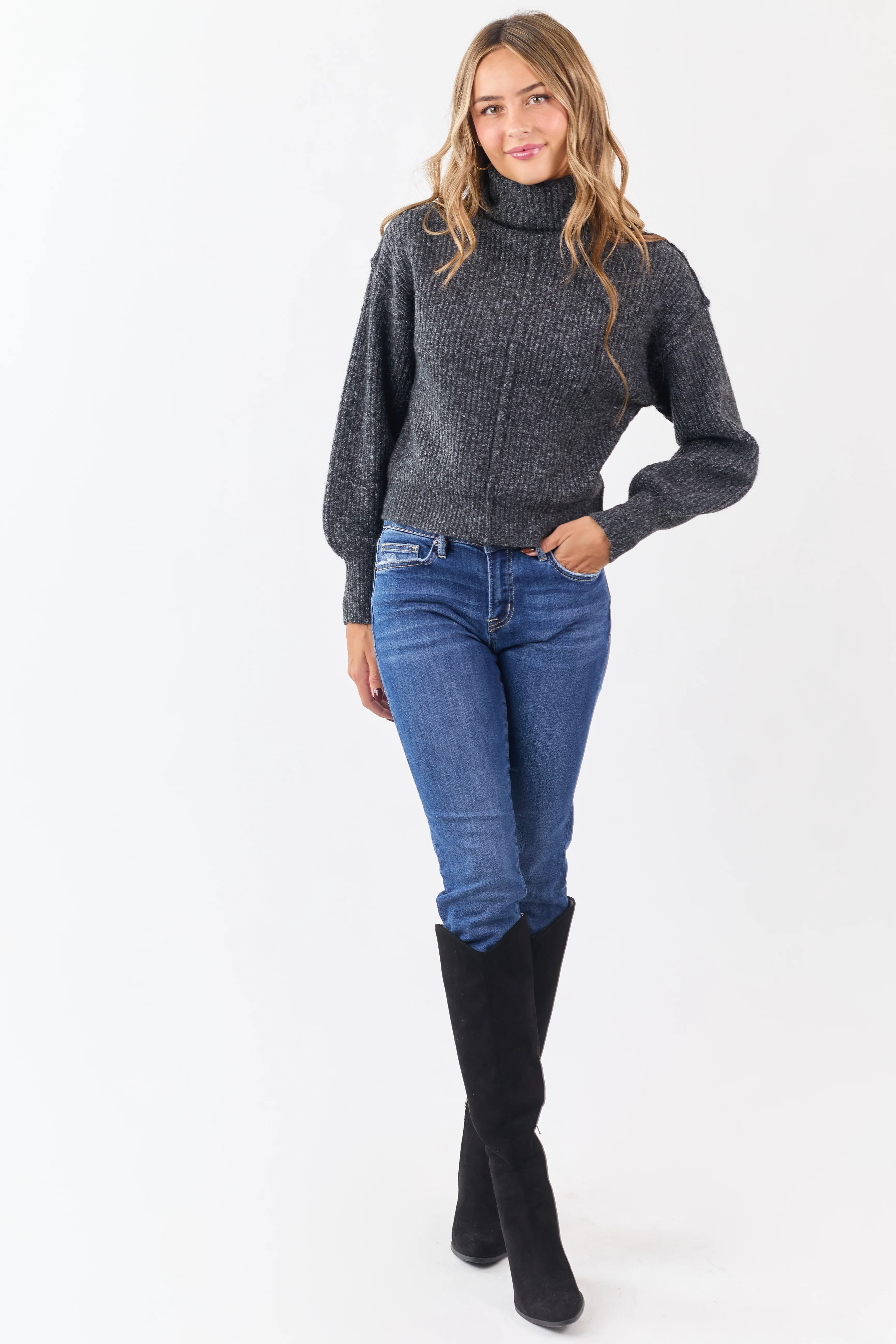 Heathered Charcoal Turtleneck Bubble Sleeve Sweater - Image 2