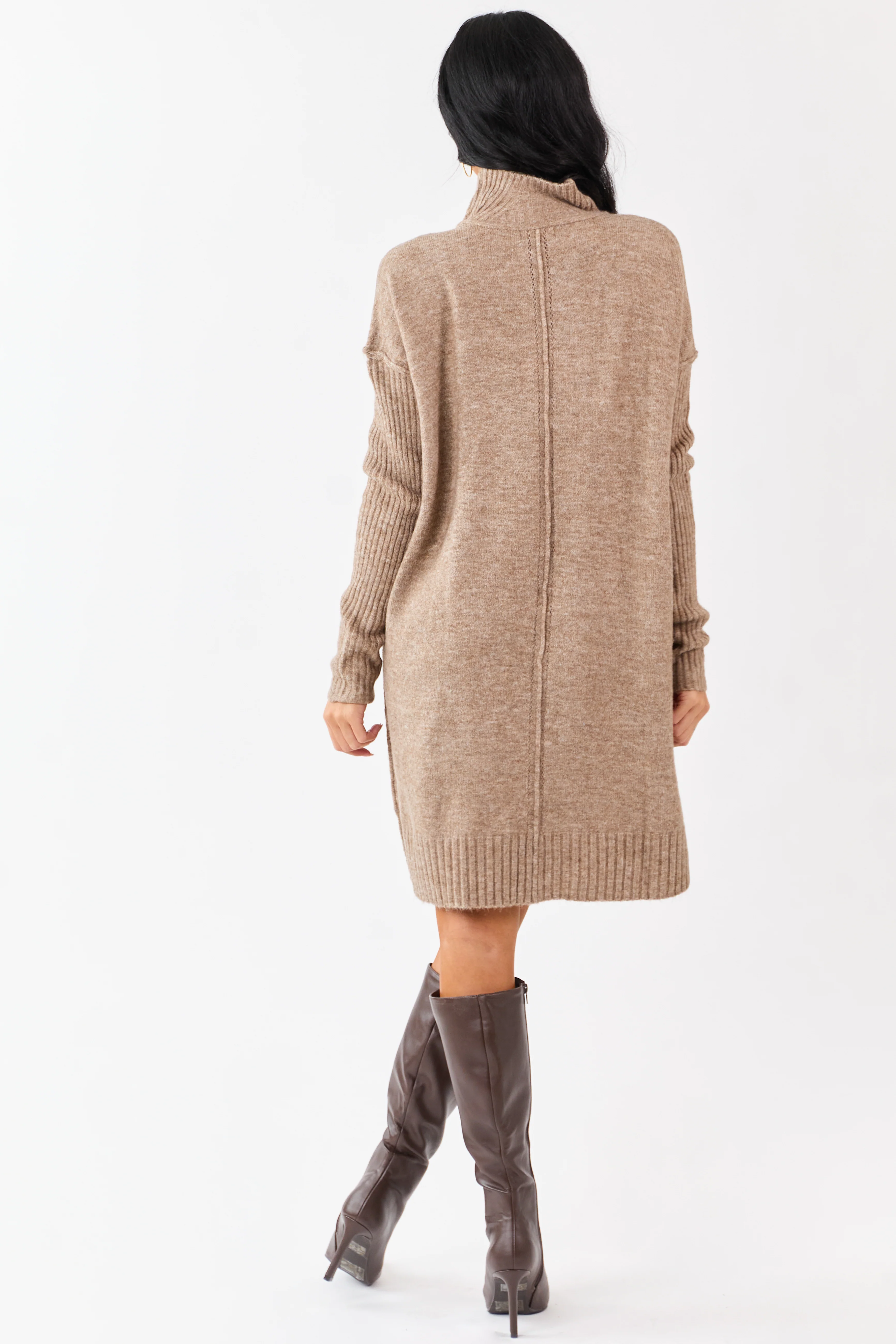 Heathered Coffee Mock Neck Mini Sweater Dress - Image 4