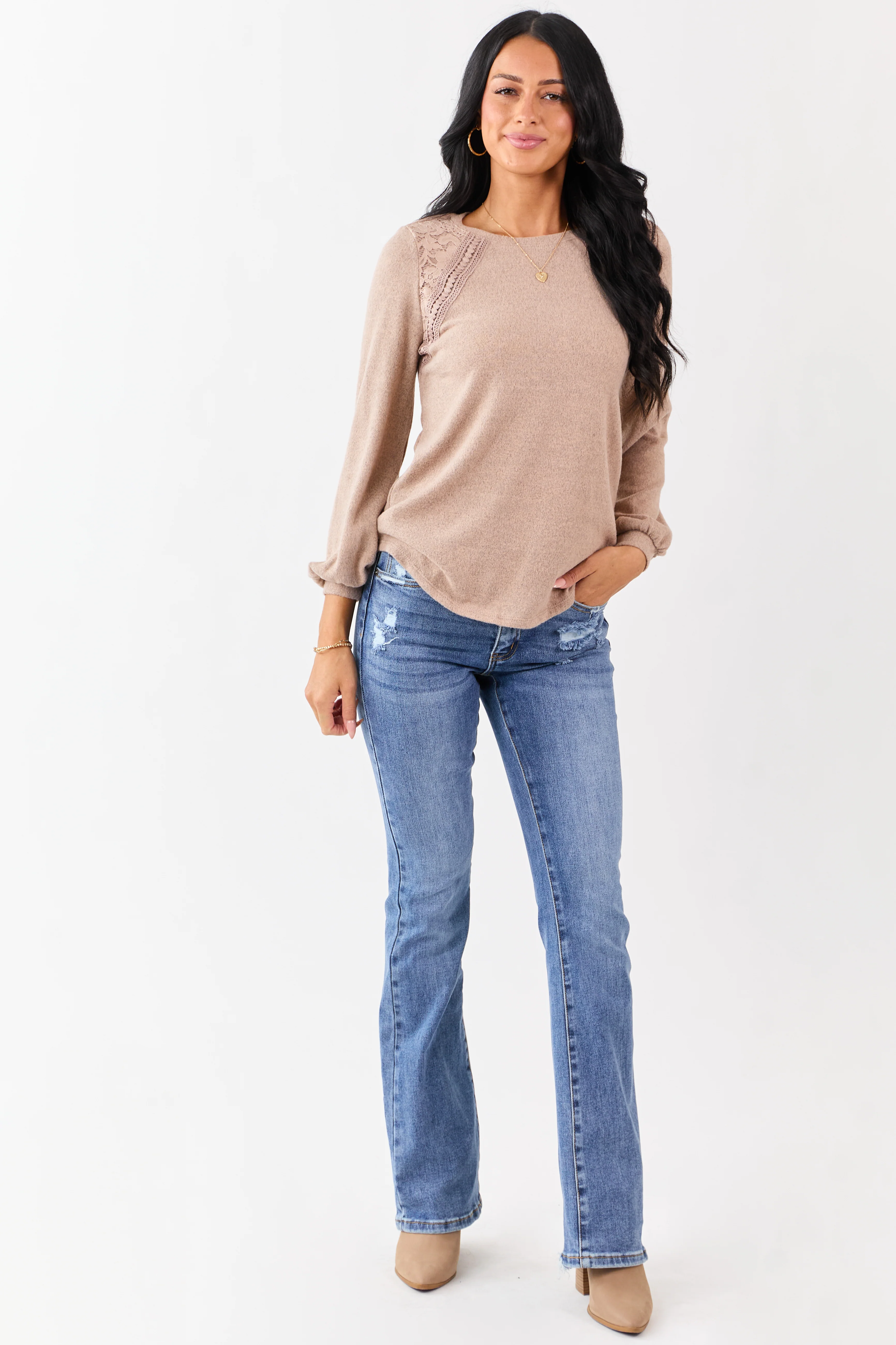 Heathered Rose Taupe Floral Lace Detail Sweater - Image 2