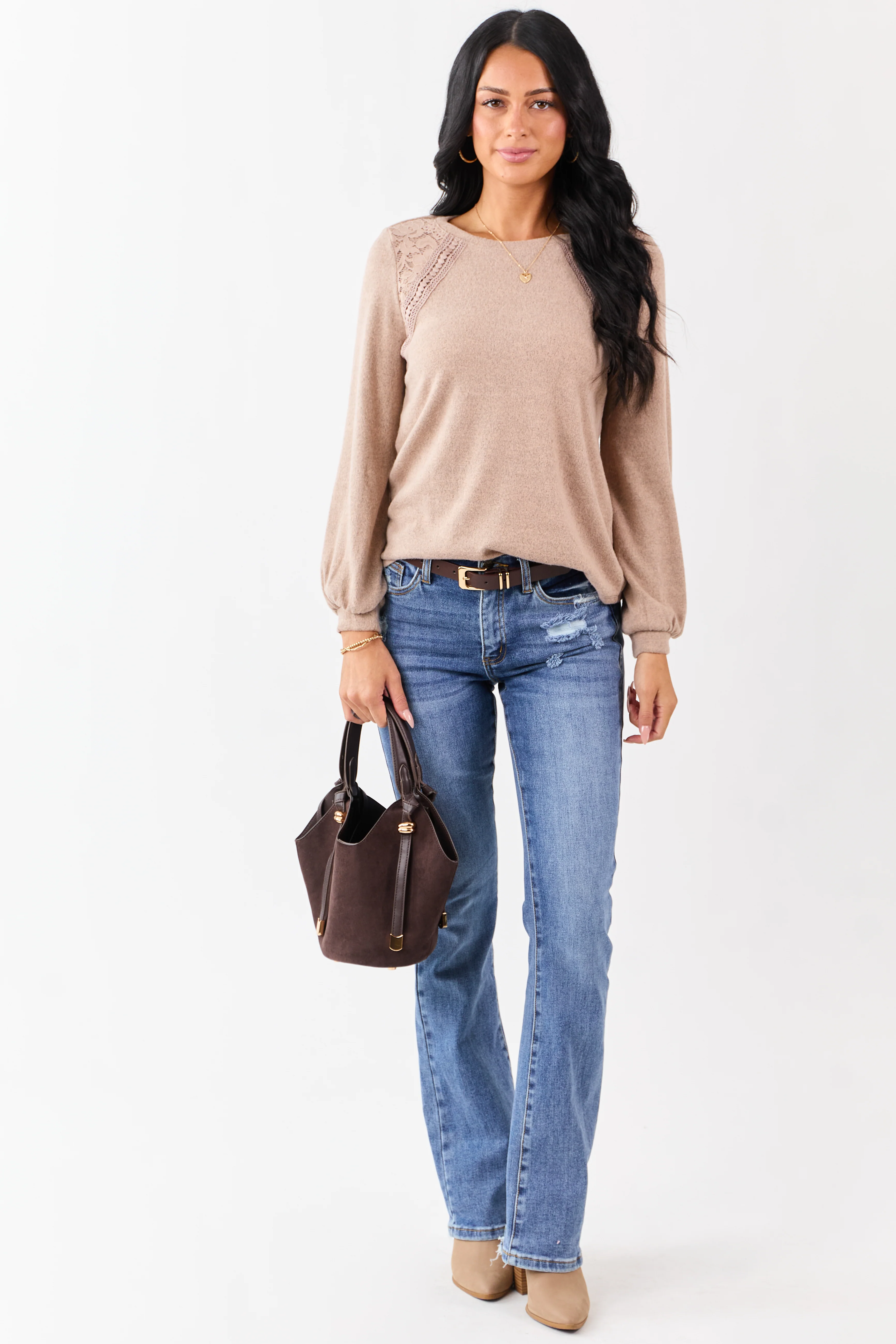 Heathered Rose Taupe Floral Lace Detail Sweater - Image 3