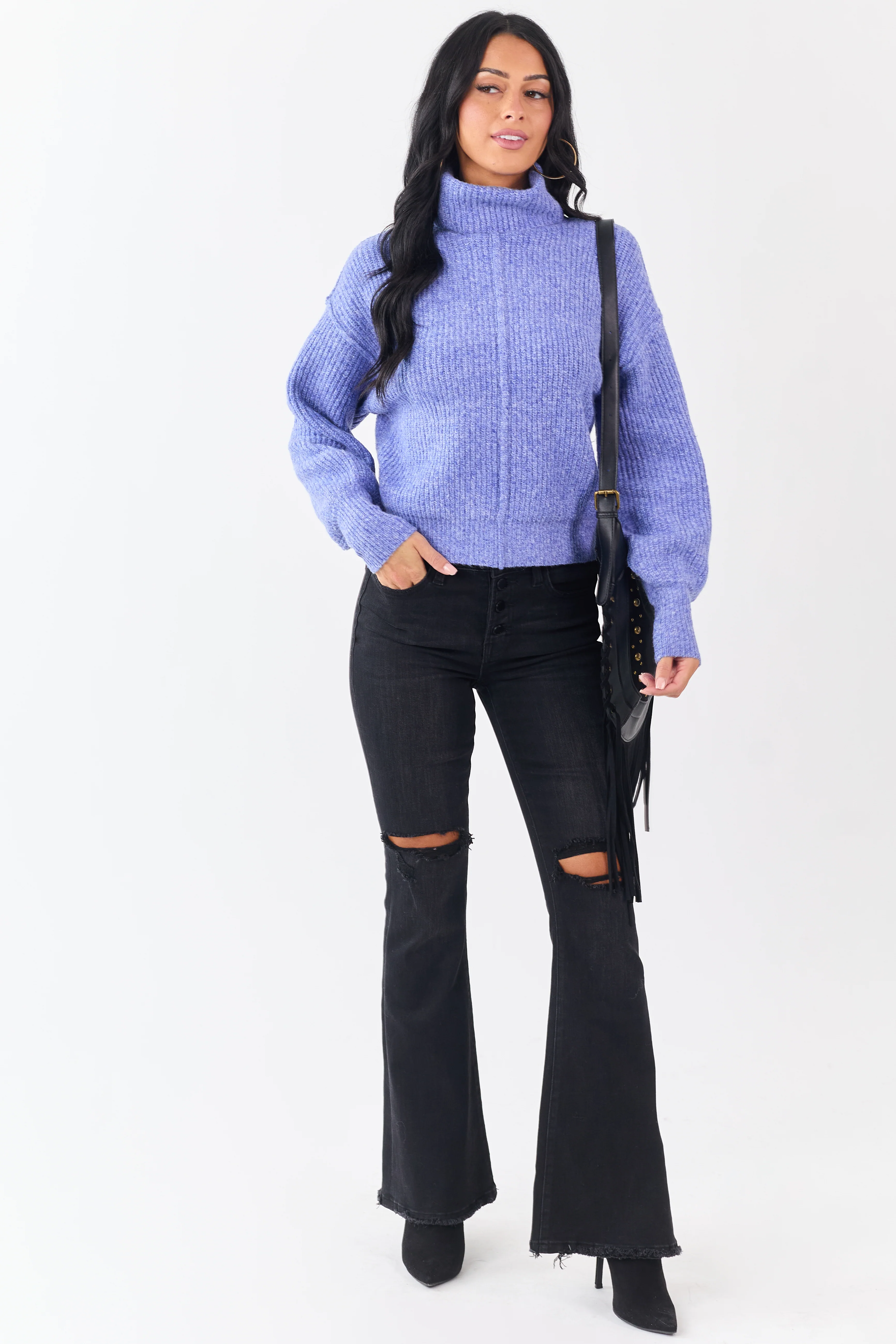 Heathered Sapphire Turtleneck Bubble Sleeve Sweater - Image 3