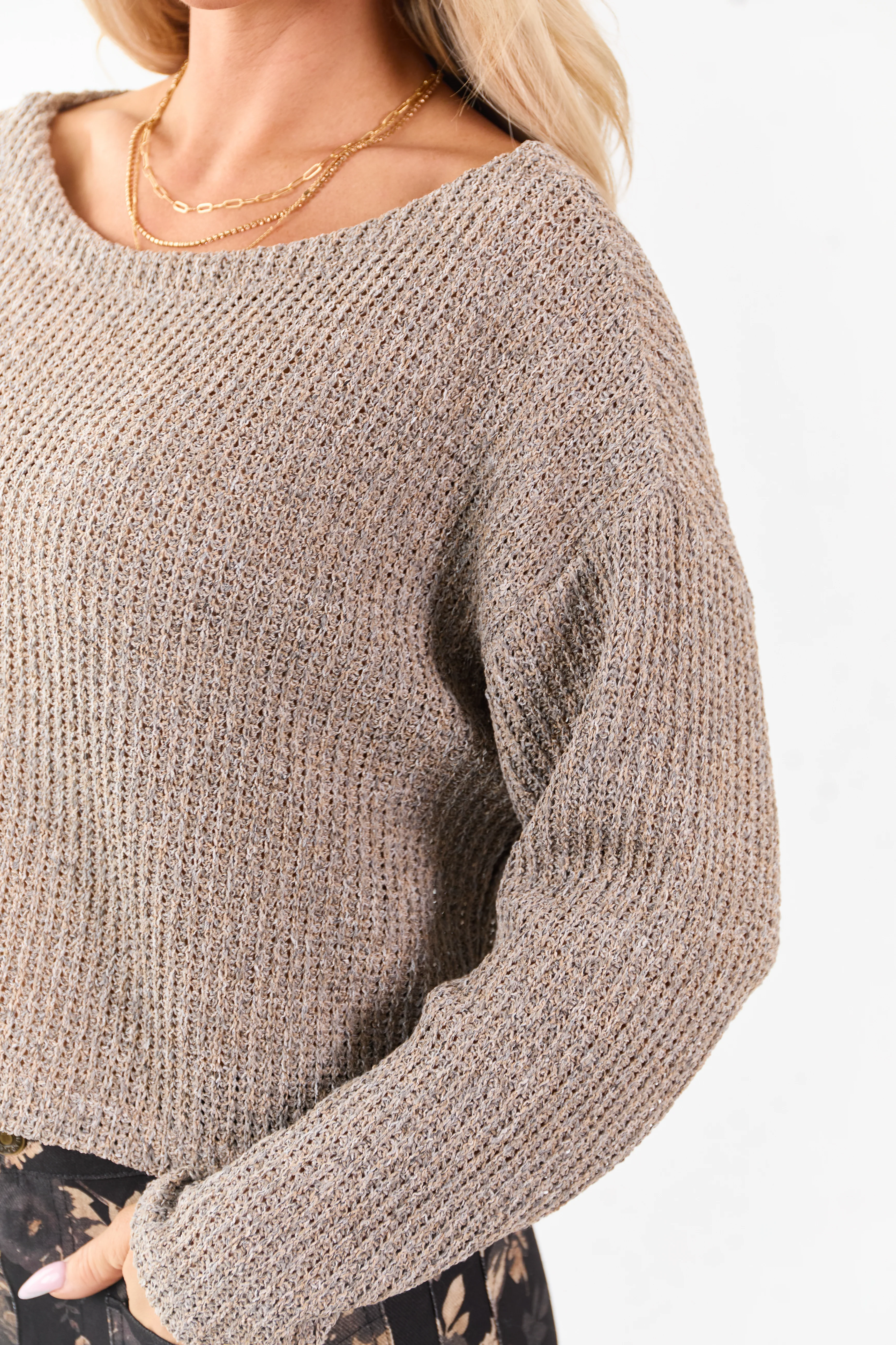 Heathered Taupe Open Knit Boxy Long Sleeve Top - Image 6