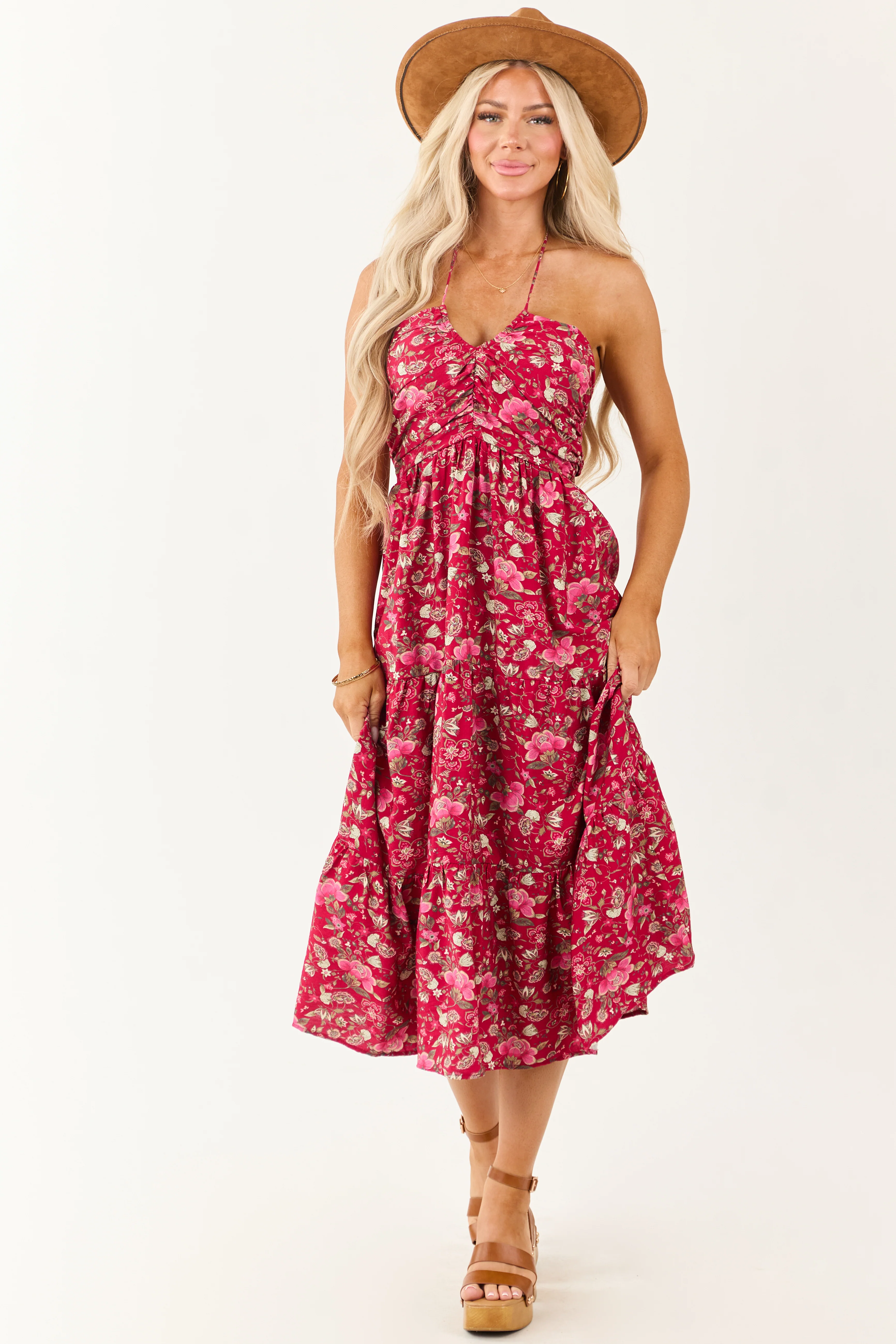 Hibiscus Floral Print Halter Tie Neck Midi Dress - Image 4