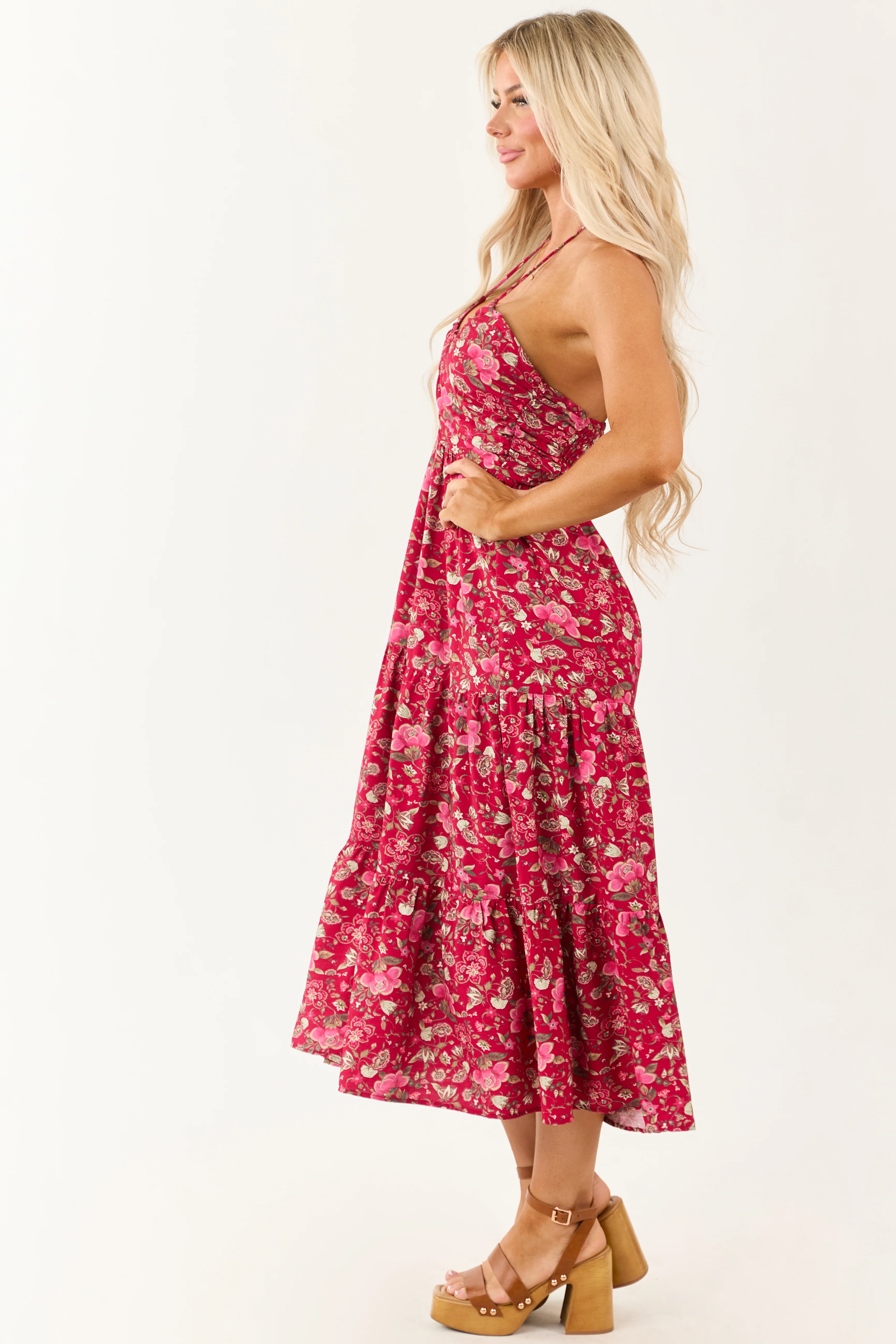 Hibiscus Floral Print Halter Tie Neck Midi Dress - Image 5