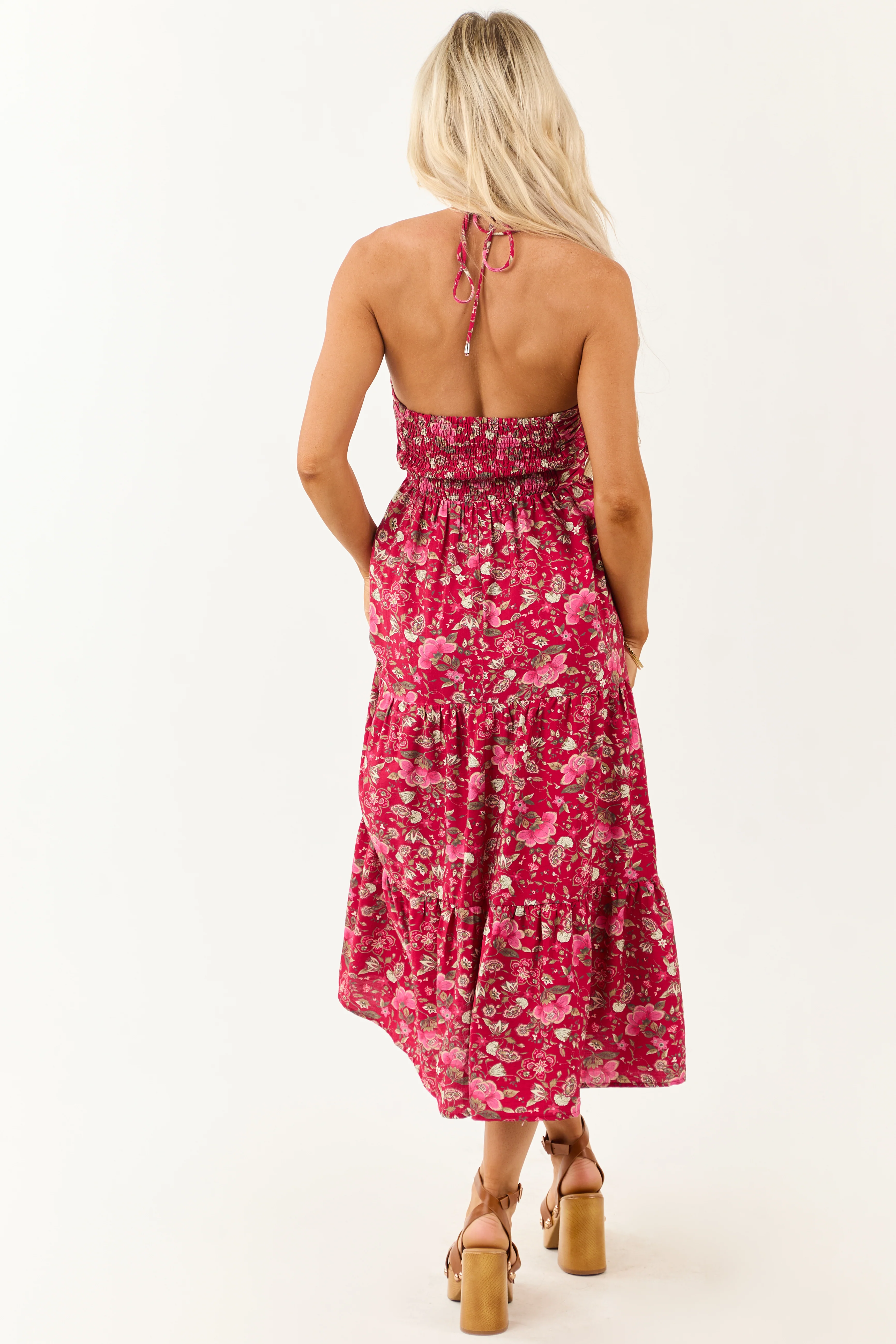 Hibiscus Floral Print Halter Tie Neck Midi Dress - Image 6