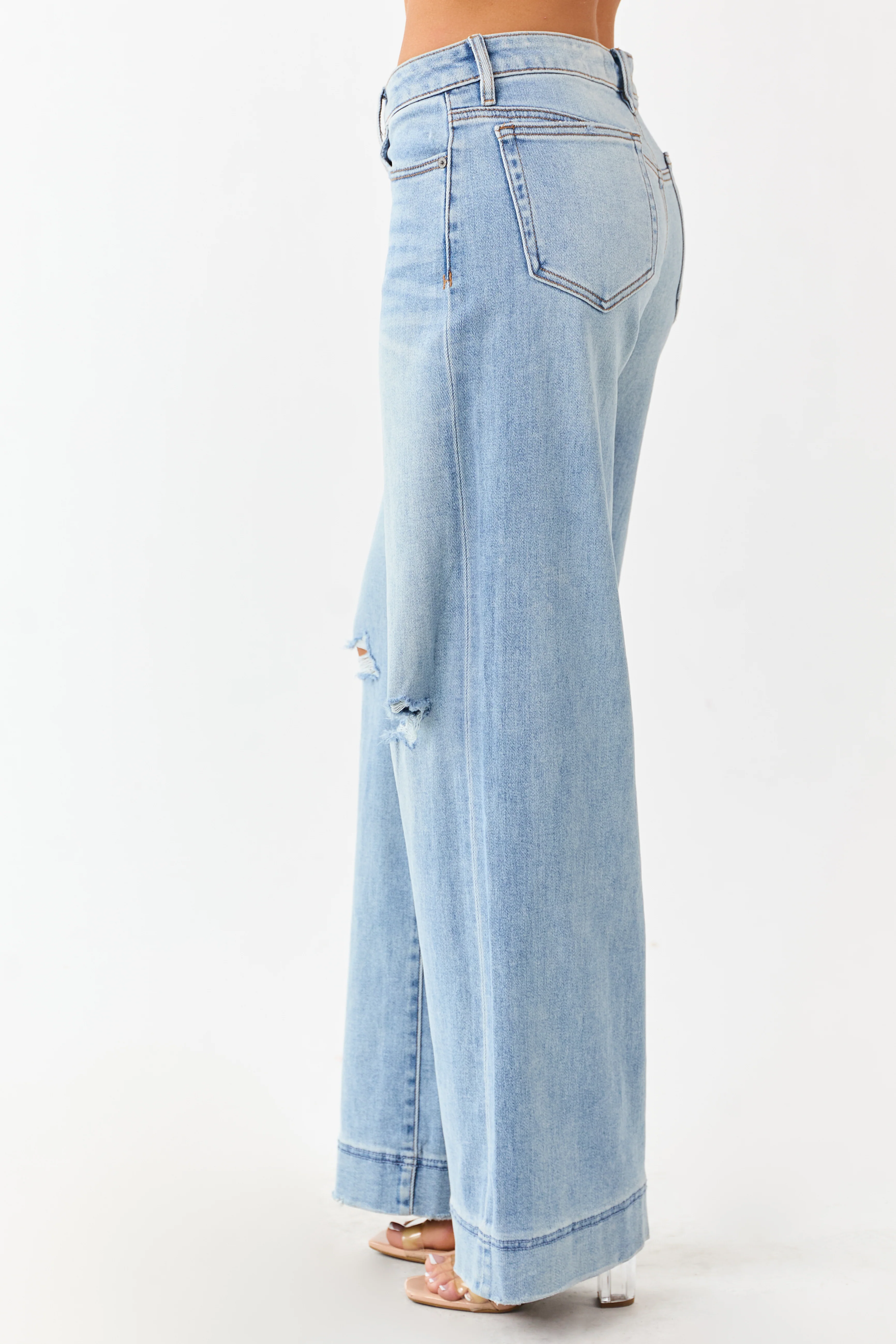Hidden Light Wash Distressed Stretchy Wide Leg Jeans - Image 3